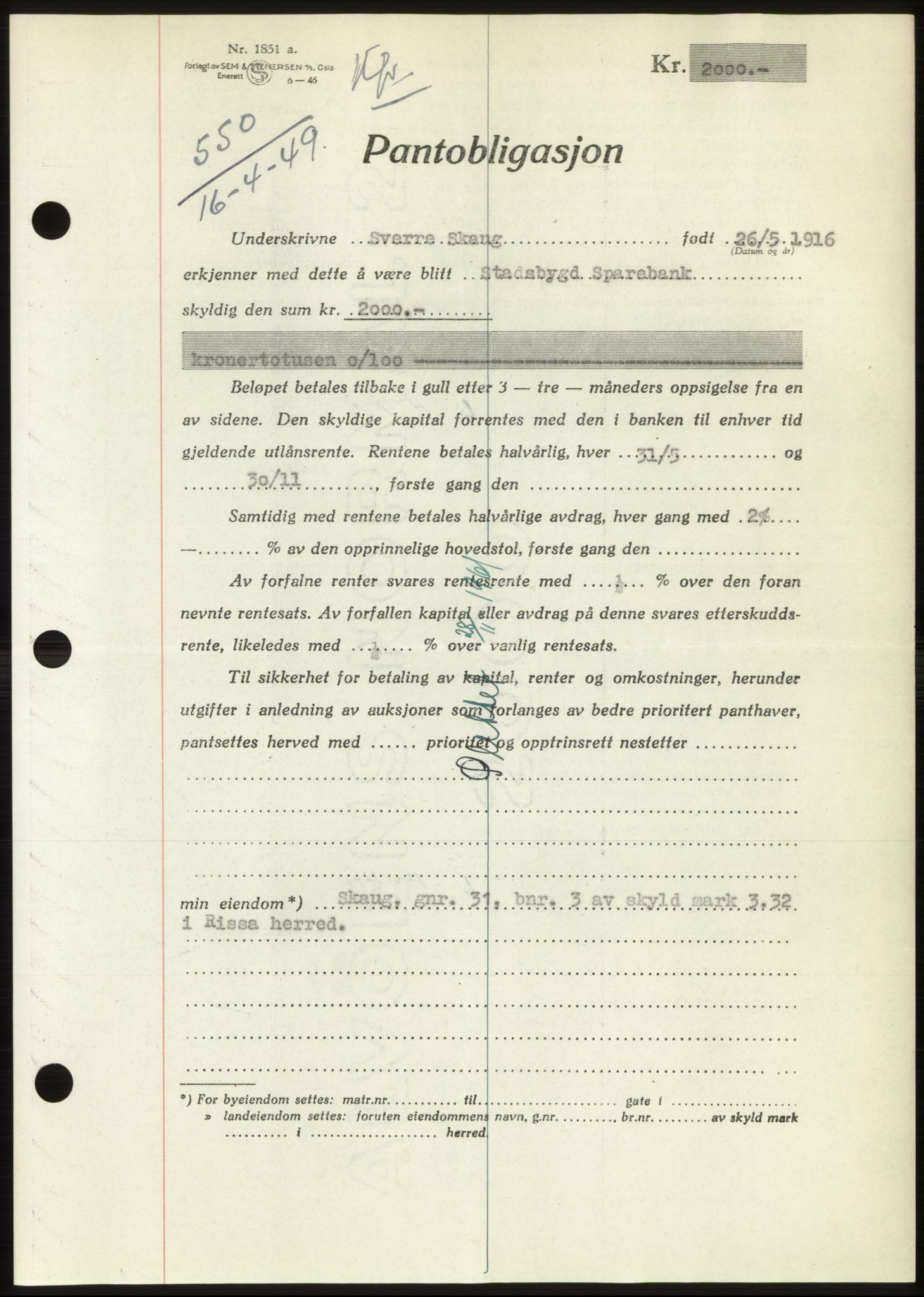 Fosen sorenskriveri, AV/SAT-A-1107/1/2/2C: Pantebok nr. B, 1948-1950, Dagboknr: 550/1949