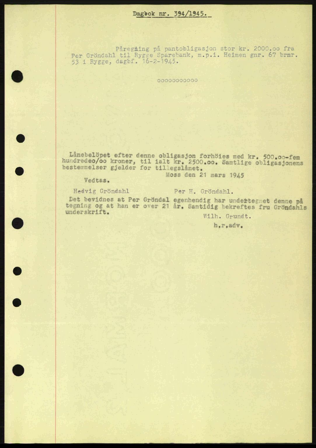 Moss sorenskriveri, SAO/A-10168: Pantebok nr. B13, 1943-1945, Dagboknr: 394/1945