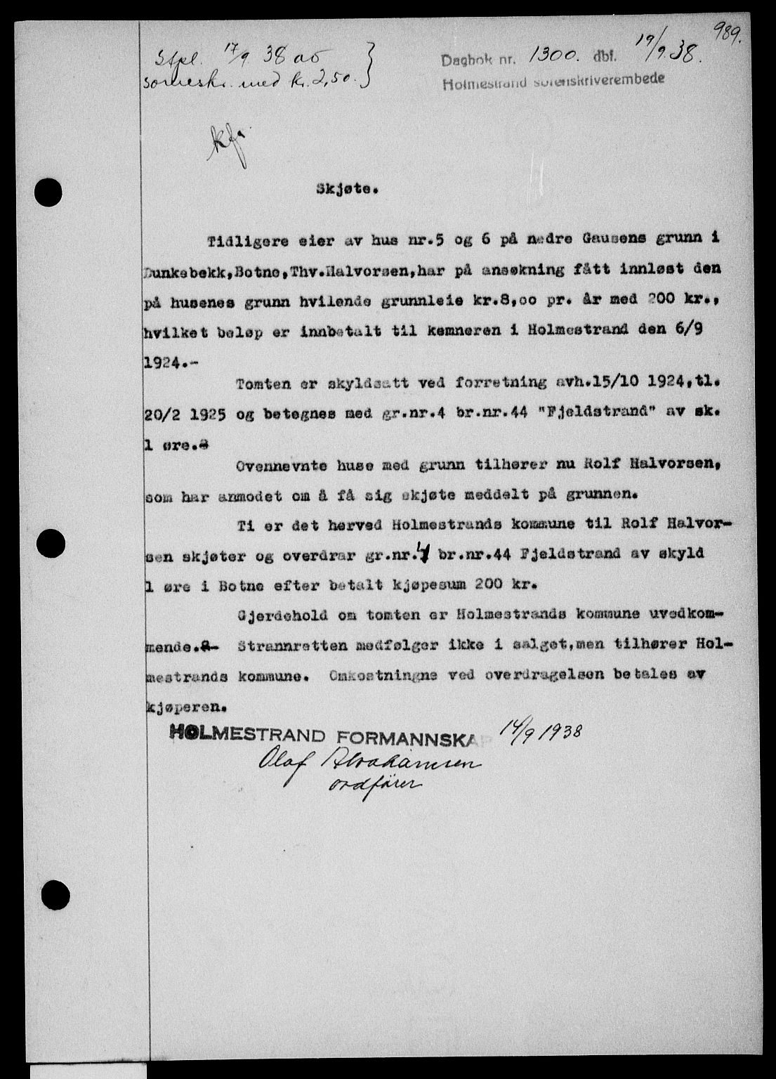 Holmestrand sorenskriveri, SAKO/A-67/G/Ga/Gaa/L0049: Pantebok nr. A-49, 1937-1938, Dagboknr: 1300/1938