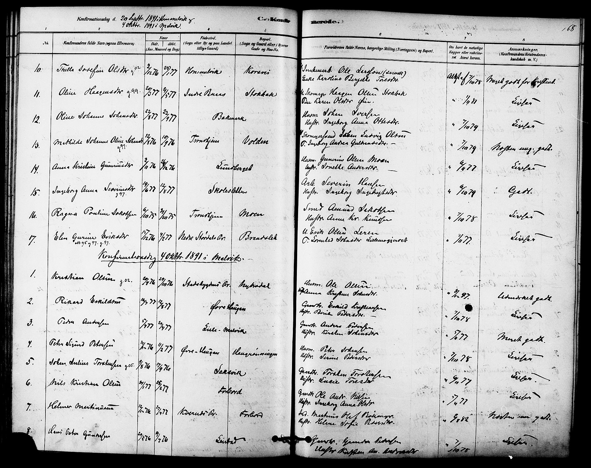 Ministerialprotokoller, klokkerbøker og fødselsregistre - Sør-Trøndelag, SAT/A-1456/616/L0410: Ministerialbok nr. 616A07, 1878-1893, s. 168