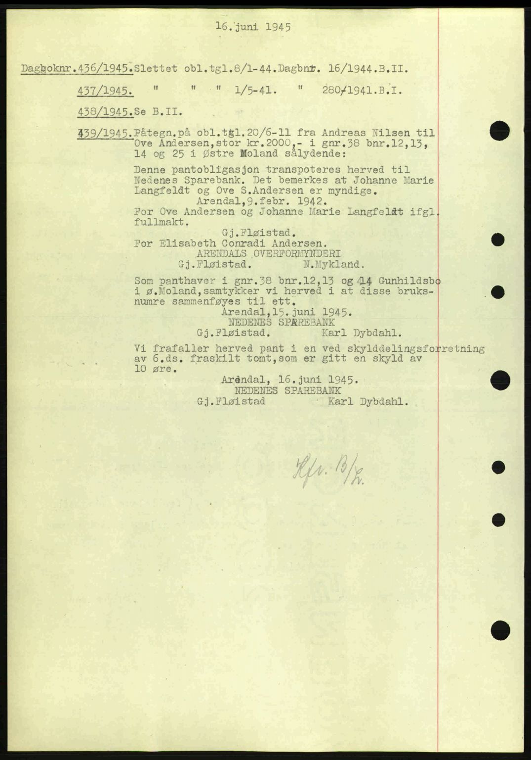 Nedenes sorenskriveri, SAK/1221-0006/G/Gb/Gba/L0052: Pantebok nr. A6a, 1944-1945, Dagboknr: 436/1945