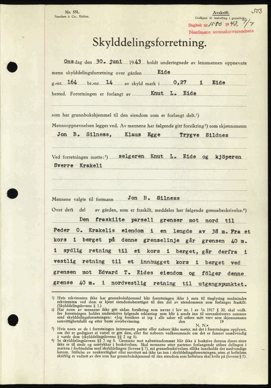 Nordmøre sorenskriveri, AV/SAT-A-4132/1/2/2Ca: Pantebok nr. A95, 1943-1943, Dagboknr: 1580/1943