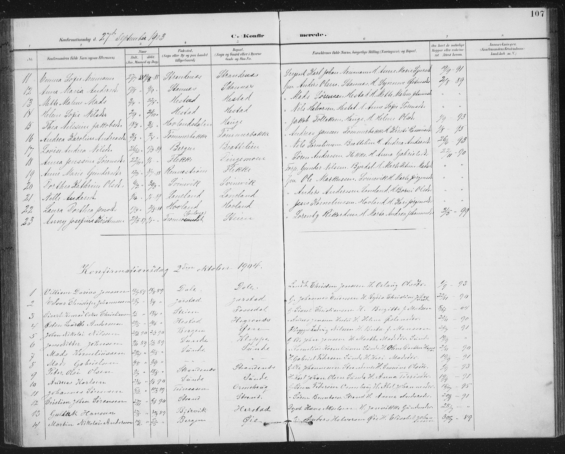 Fjaler sokneprestembete, AV/SAB-A-79801/H/Hab/Habc/L0003: Klokkerbok nr. C 3, 1894-1917, s. 107