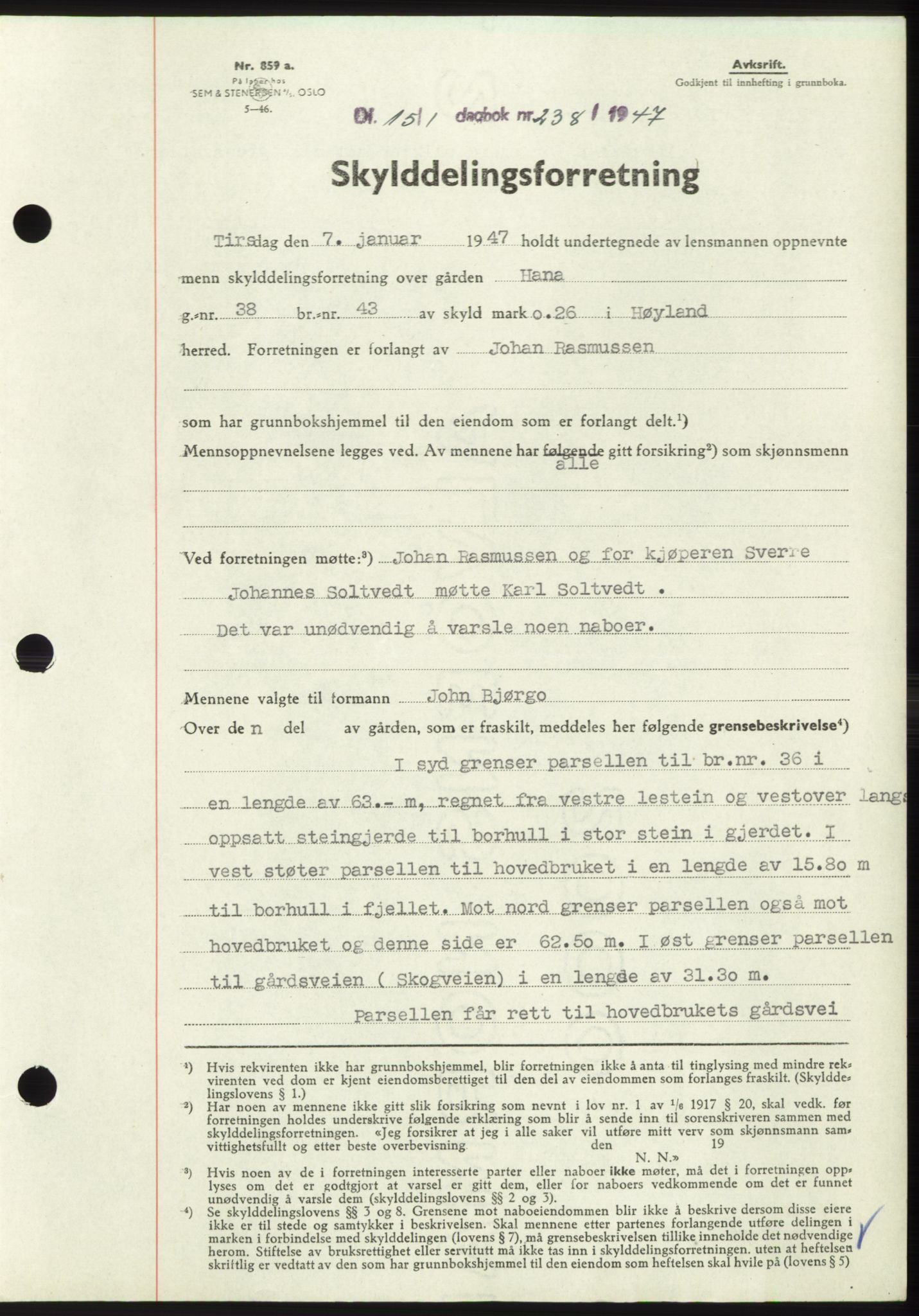 Jæren sorenskriveri, SAST/A-100310/03/G/Gba/L0093: Pantebok, 1947-1947, Dagboknr: 238/1947