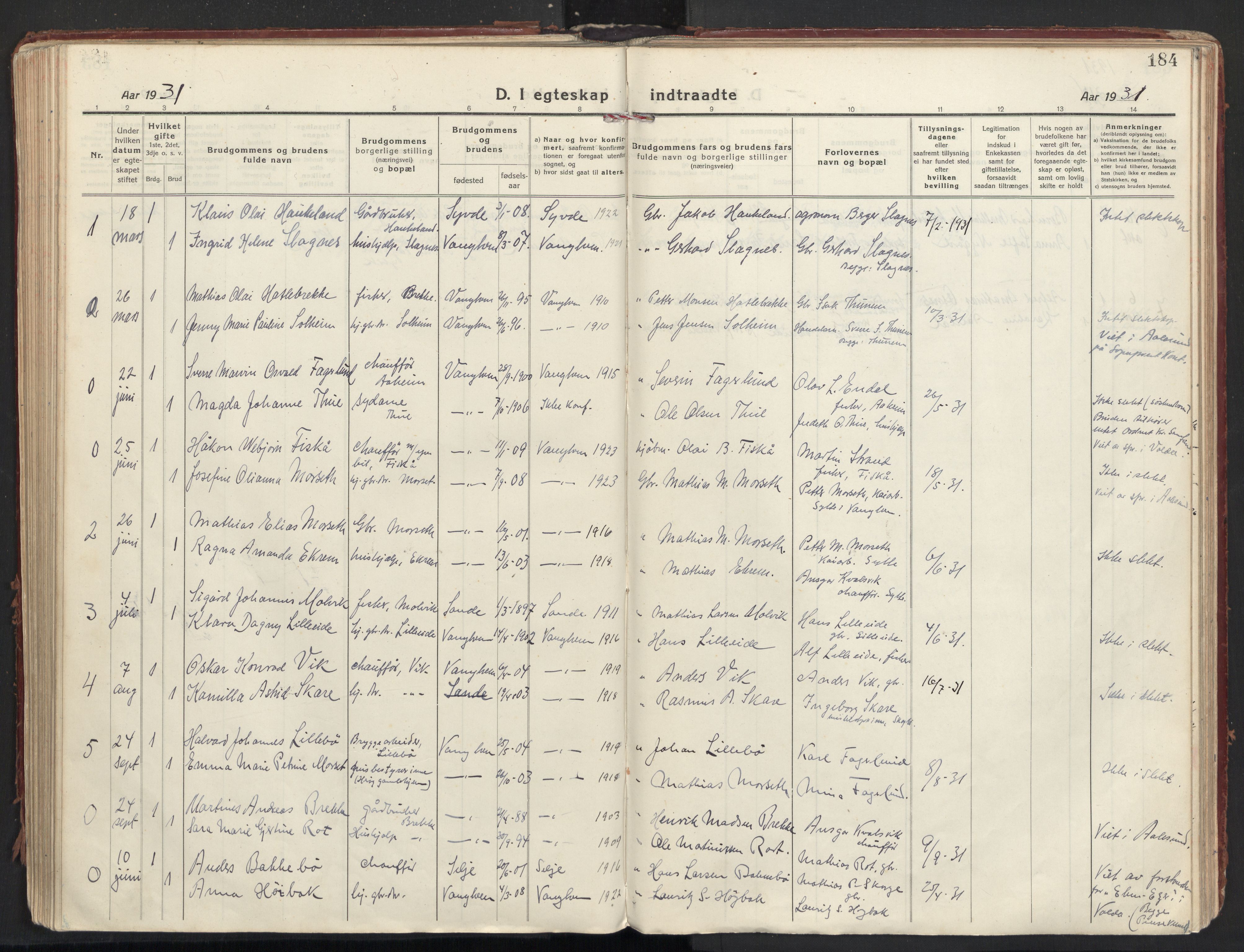 Ministerialprotokoller, klokkerbøker og fødselsregistre - Møre og Romsdal, AV/SAT-A-1454/501/L0012: Ministerialbok nr. 501A12, 1920-1946, s. 184