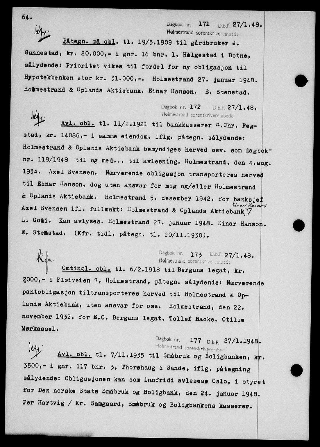 Holmestrand sorenskriveri, SAKO/A-67/G/Ga/Gab/L0058: Pantebok nr. B-58, 1947-1948, s. 64, Dagboknr: 171/1948