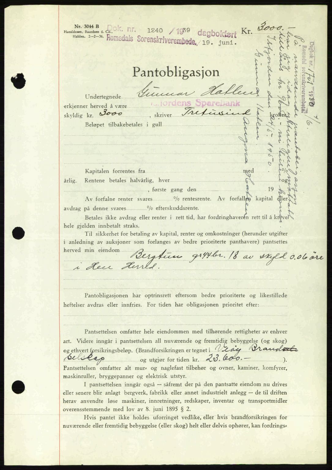 Romsdal sorenskriveri, SAT/A-4149/1/2/2C: Pantebok nr. B1, 1936-1939, Dagboknr: 1240/1939