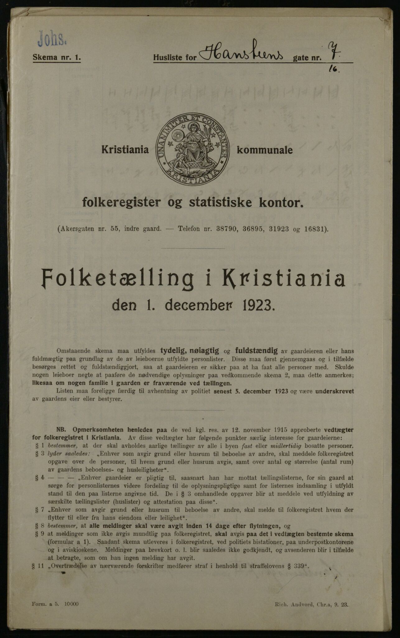 OBA, Kommunal folketelling 1.12.1923 for Kristiania, 1923, s. 38994