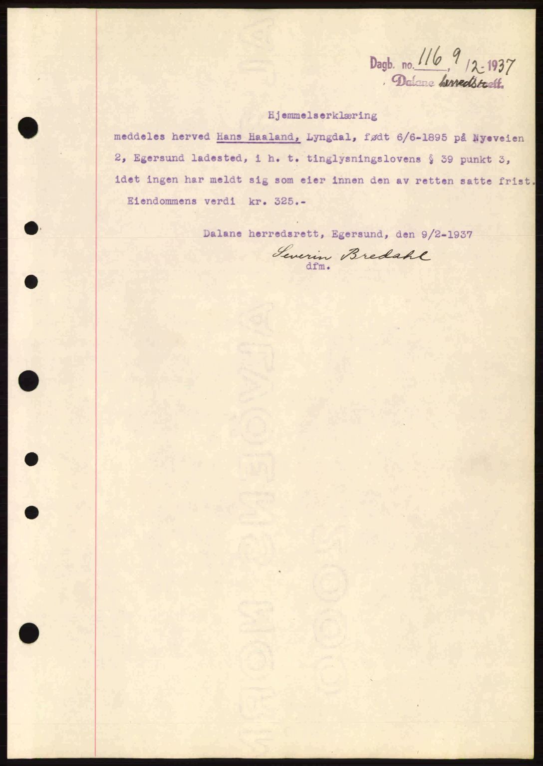 Dalane sorenskriveri, SAST/A-100309/02/G/Gb/L0041: Pantebok nr. A2, 1936-1937, Dagboknr: 116/1937