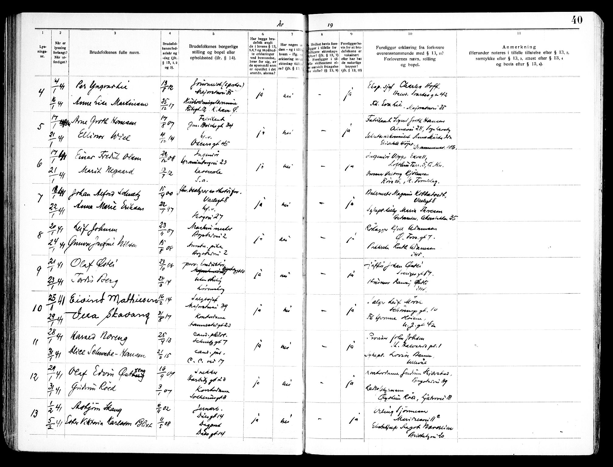 Uranienborg prestekontor Kirkebøker, AV/SAO-A-10877/H/Hb/L0001: Lysningsprotokoll nr. II 1, 1938-1947, s. 40