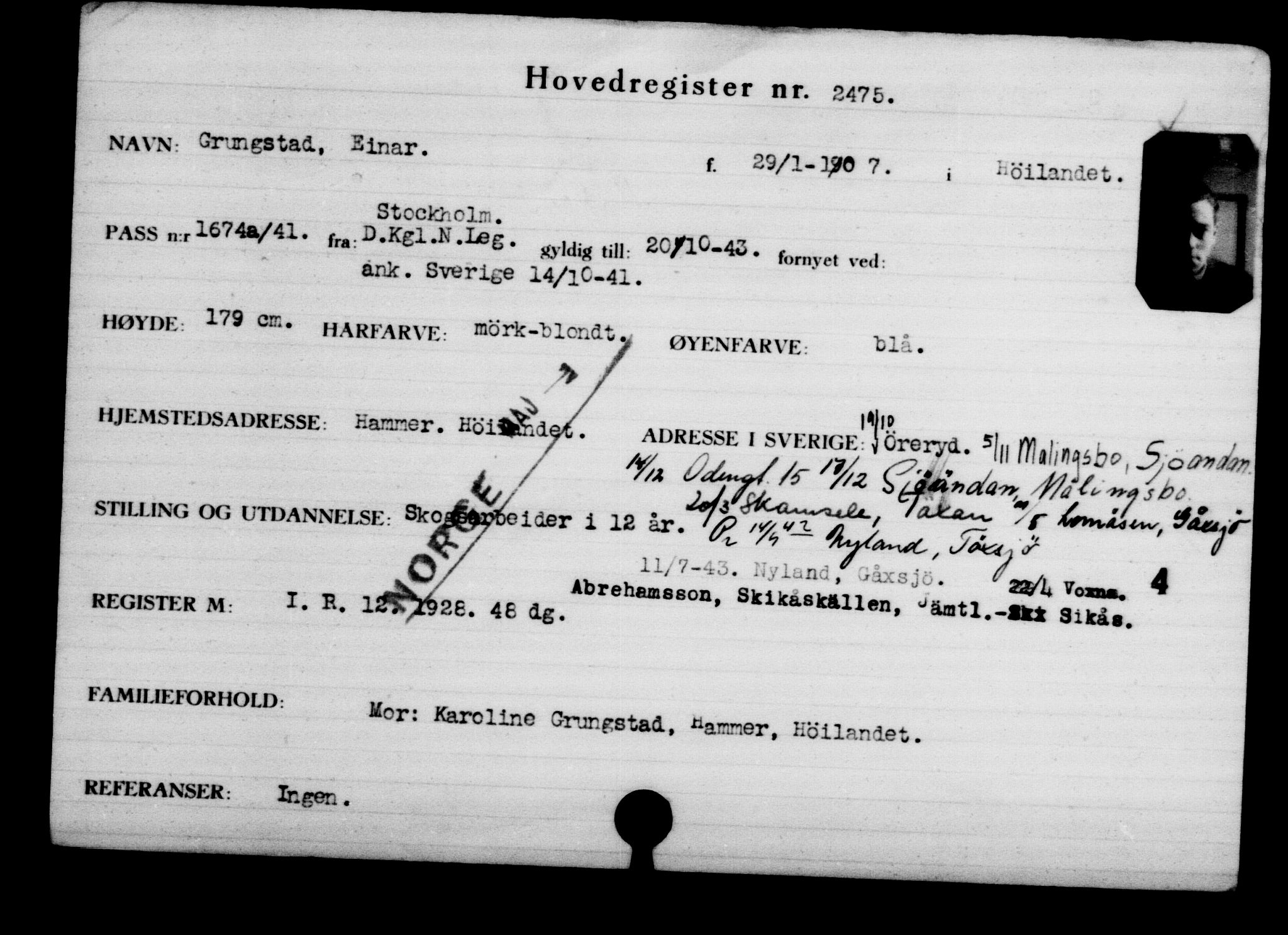 Utenriksstasjonene, Legasjonen i Stockholm, Flyktningkontoret, AV/RA-S-6753/V/Va/L0003: Kjesäterkartoteket, flyktninger med registreringsnr. 2001-3495, 1940-1945, s. 806