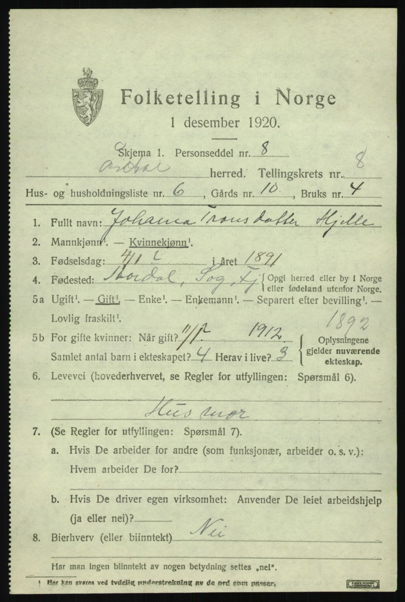 SAB, Folketelling 1920 for 1424 Årdal herred, 1920, s. 3609