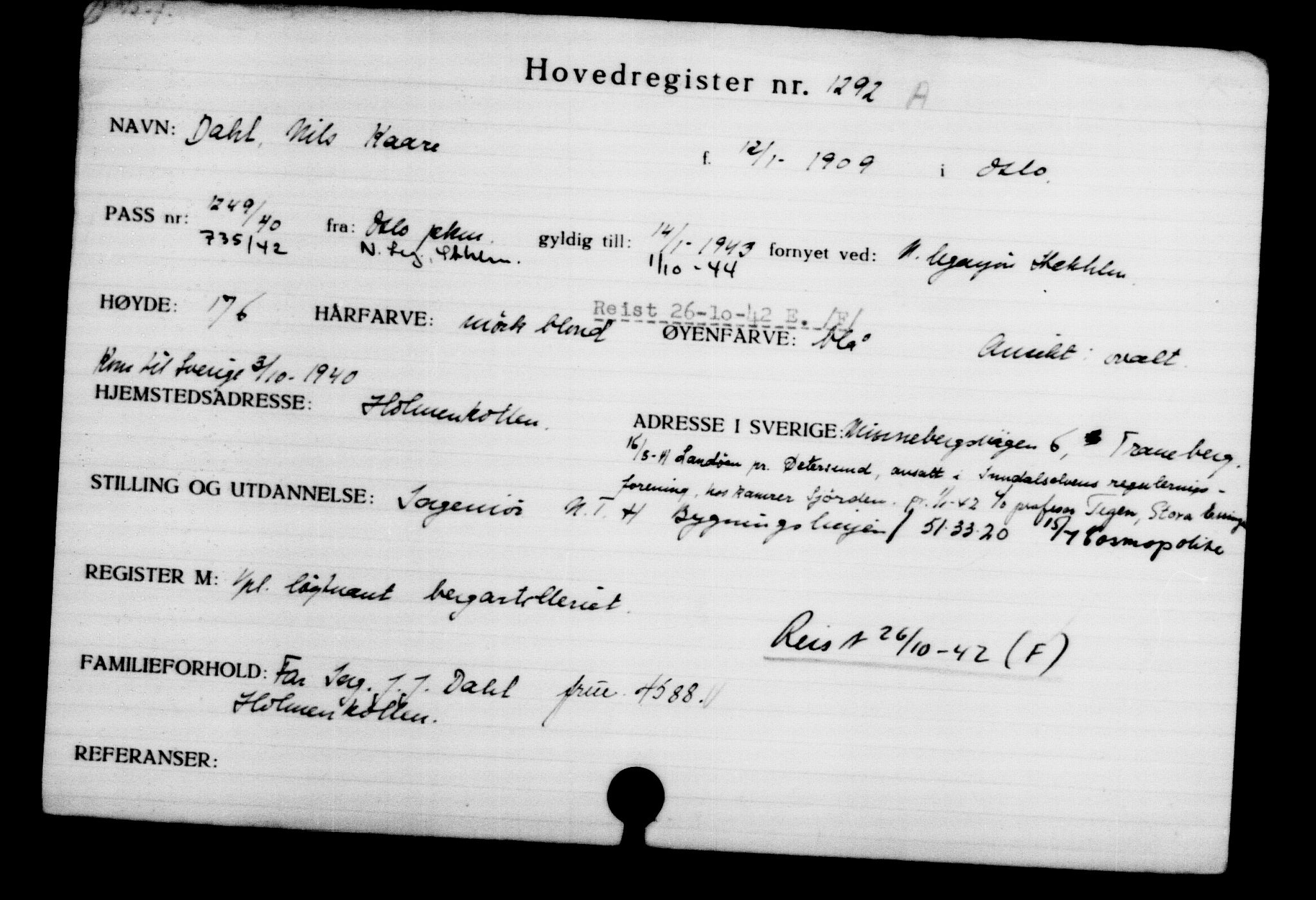 Utenriksstasjonene, Legasjonen i Stockholm, Flyktningkontoret, AV/RA-S-6753/V/Va/L0002: Kjesäterkartoteket, flyktninger med registreringsnr. 1001-2000, 1940-1945, s. 420
