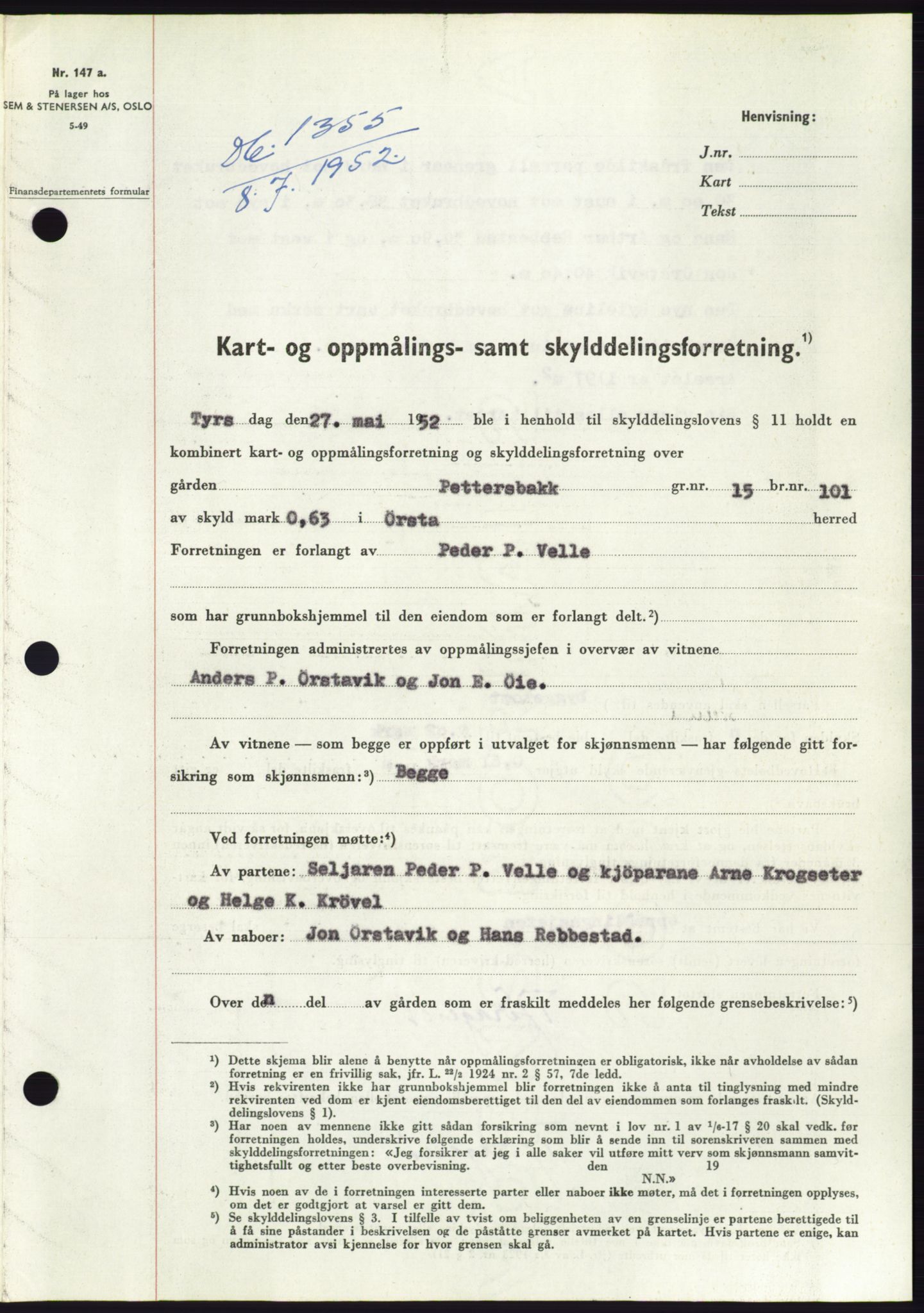 Søre Sunnmøre sorenskriveri, AV/SAT-A-4122/1/2/2C/L0092: Pantebok nr. 18A, 1952-1952, Dagboknr: 1355/1952