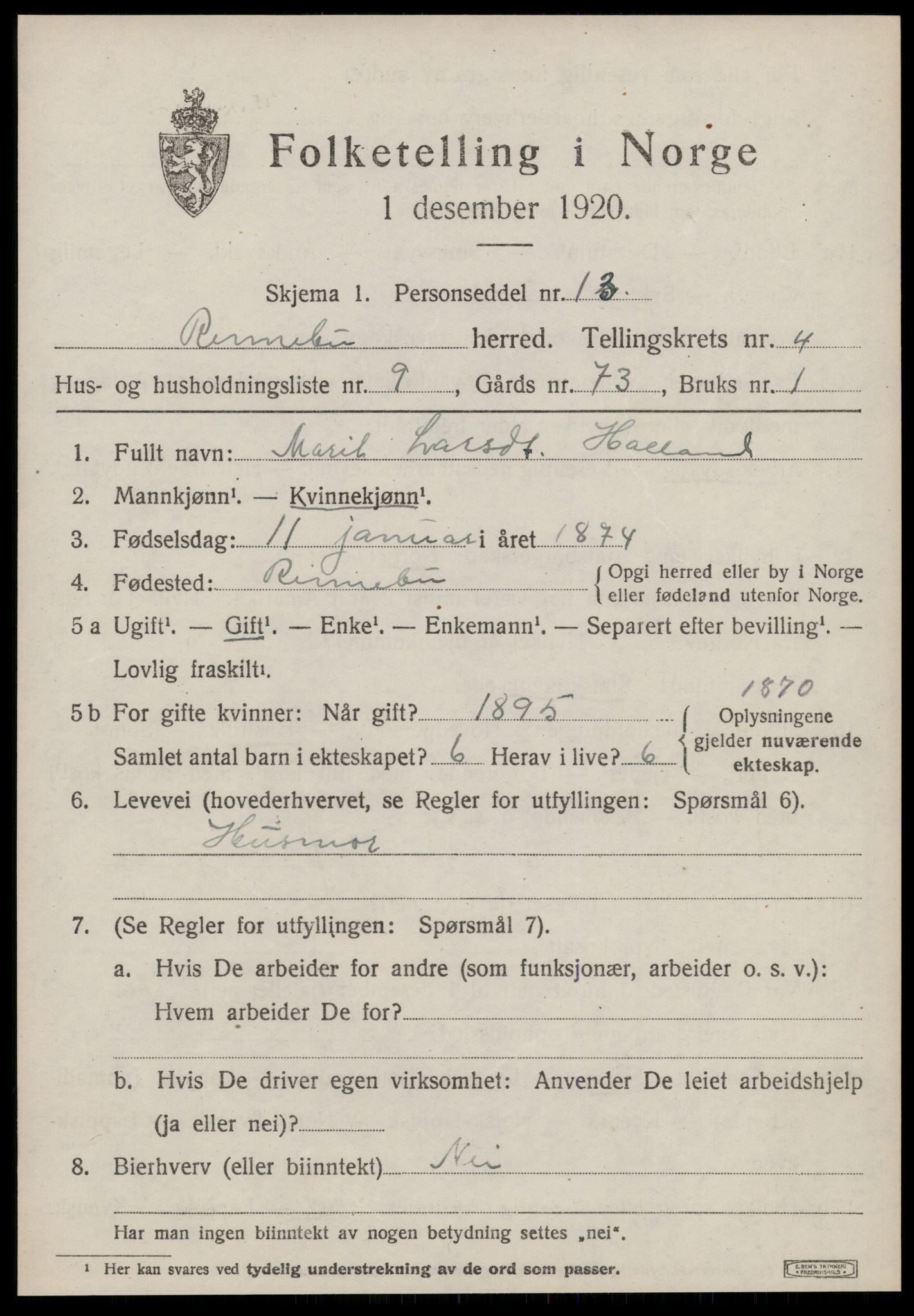 SAT, Folketelling 1920 for 1635 Rennebu herred, 1920, s. 2674