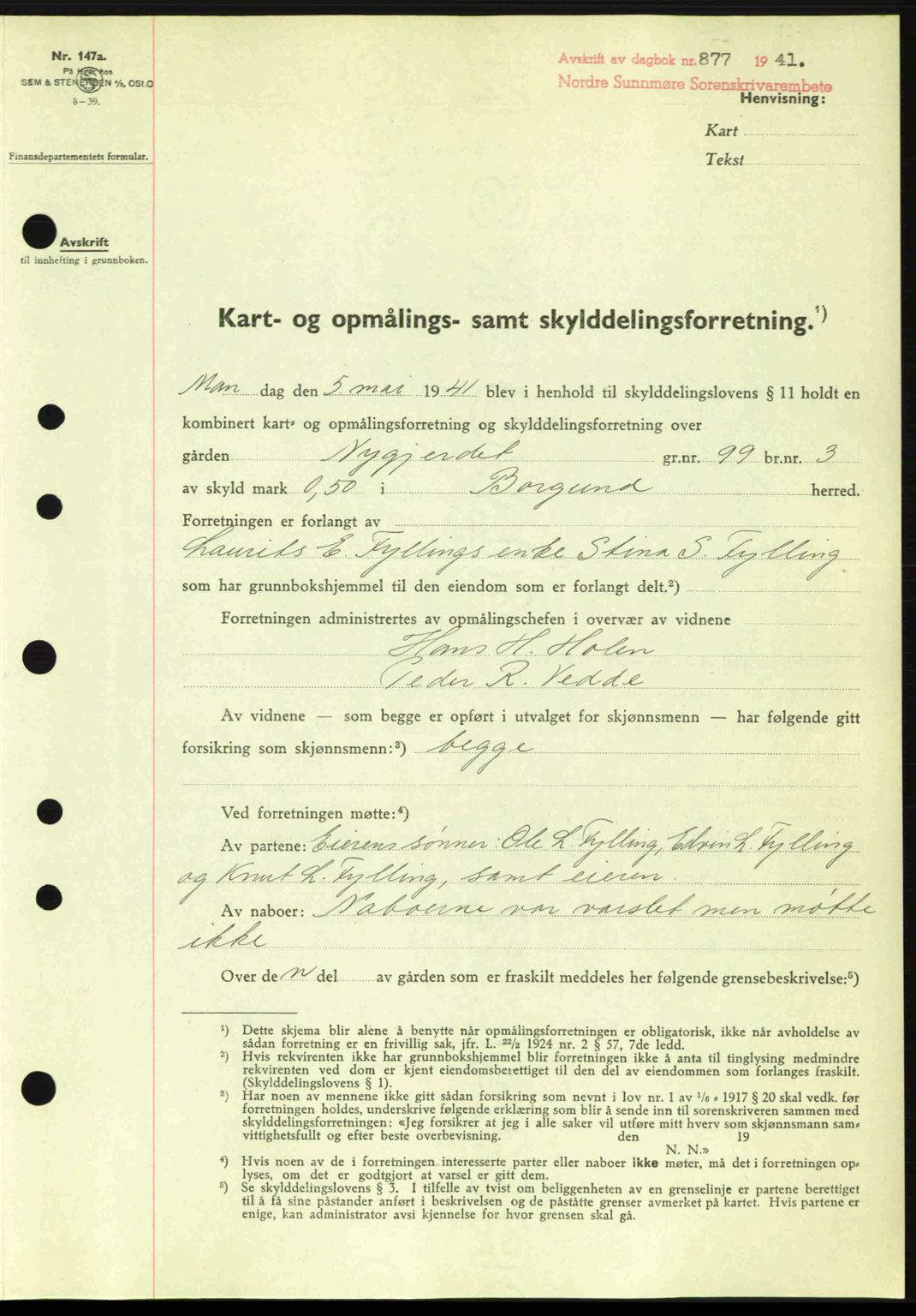 Nordre Sunnmøre sorenskriveri, SAT/A-0006/1/2/2C/2Ca: Pantebok nr. A11, 1941-1941, Dagboknr: 877/1941