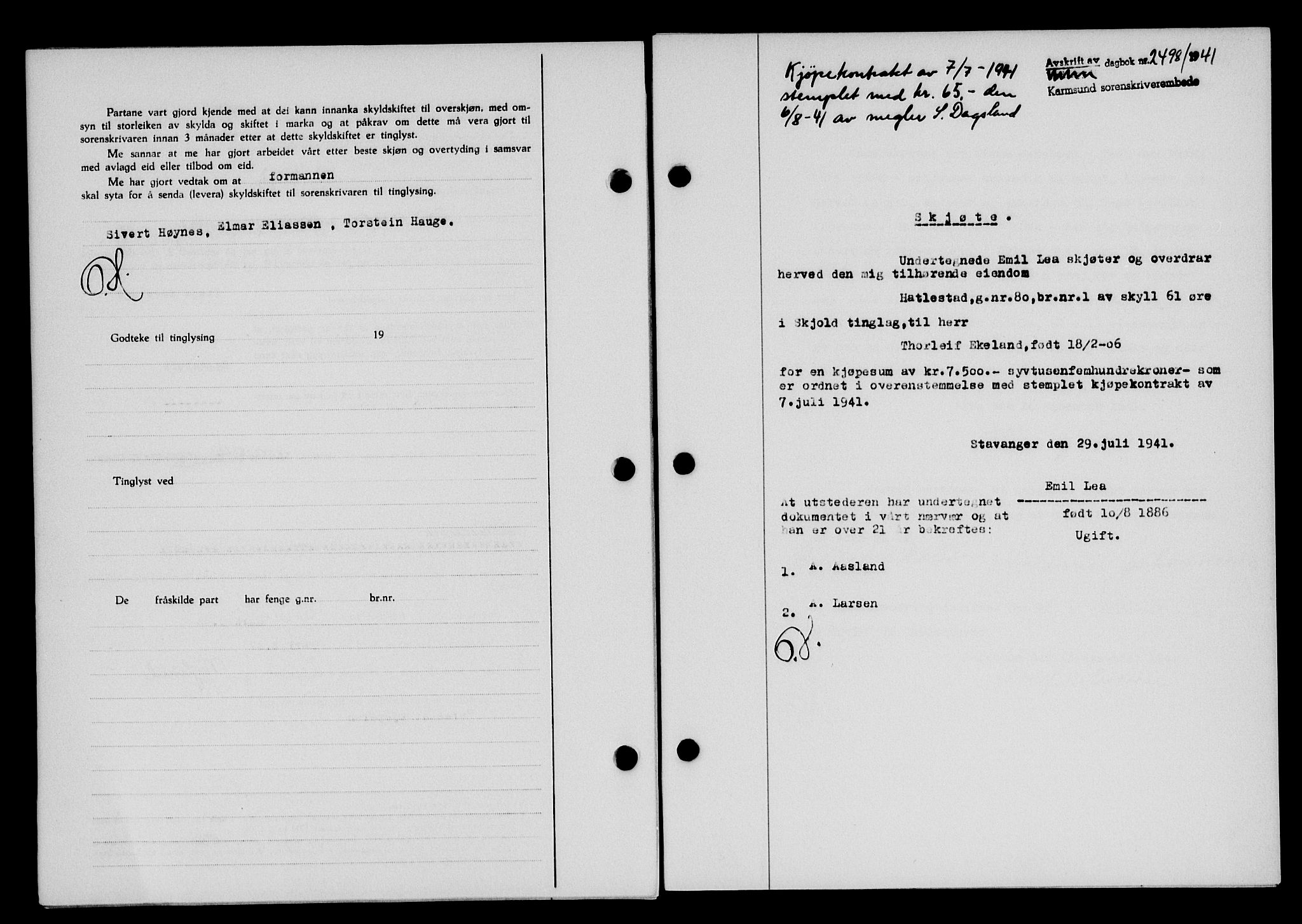 Karmsund sorenskriveri, SAST/A-100311/01/II/IIB/L0076: Pantebok nr. 57A, 1941-1941, Dagboknr: 2498/1941