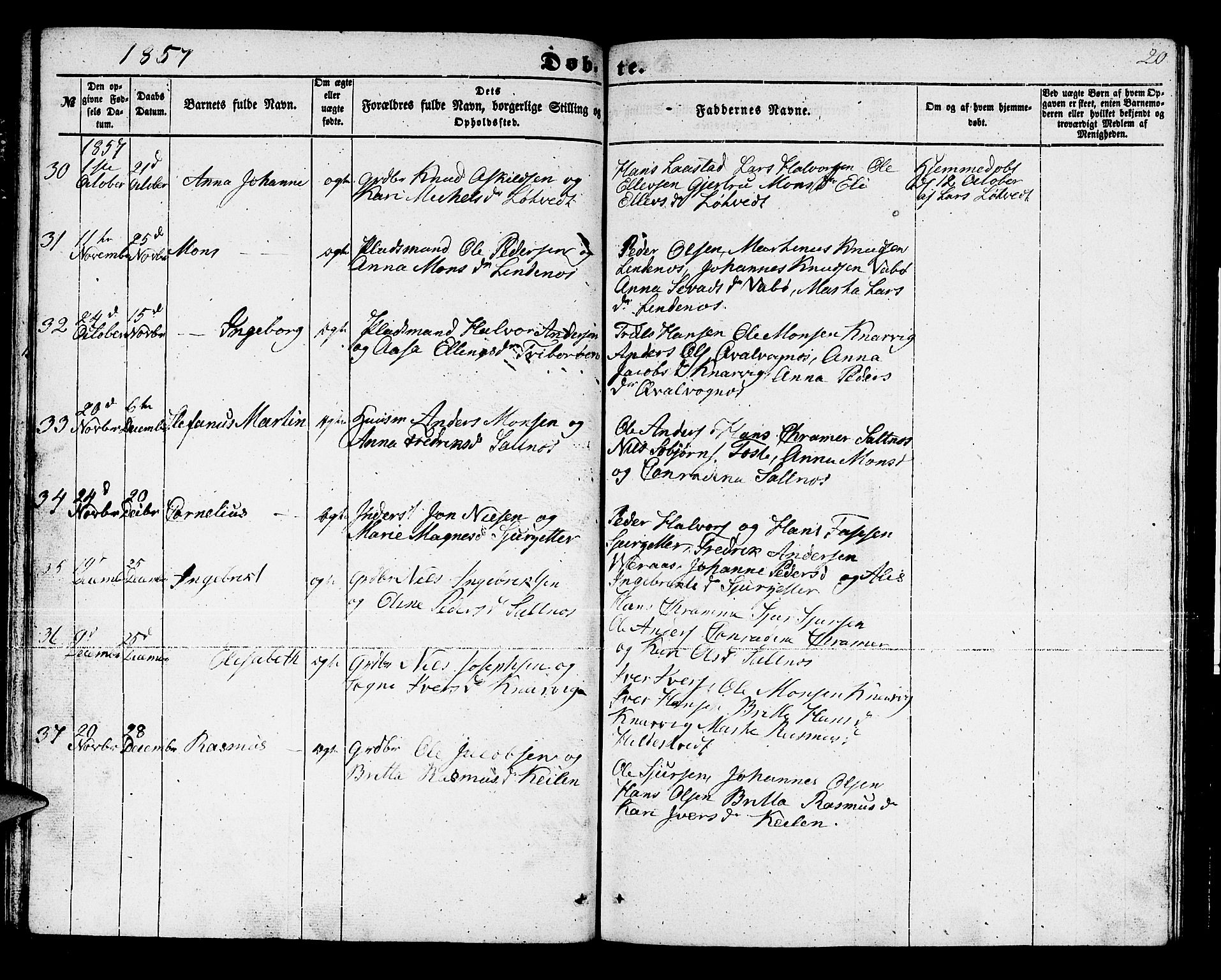 Lindås Sokneprestembete, AV/SAB-A-76701/H/Hab/Habb/L0001: Klokkerbok nr. B 1, 1853-1866, s. 20