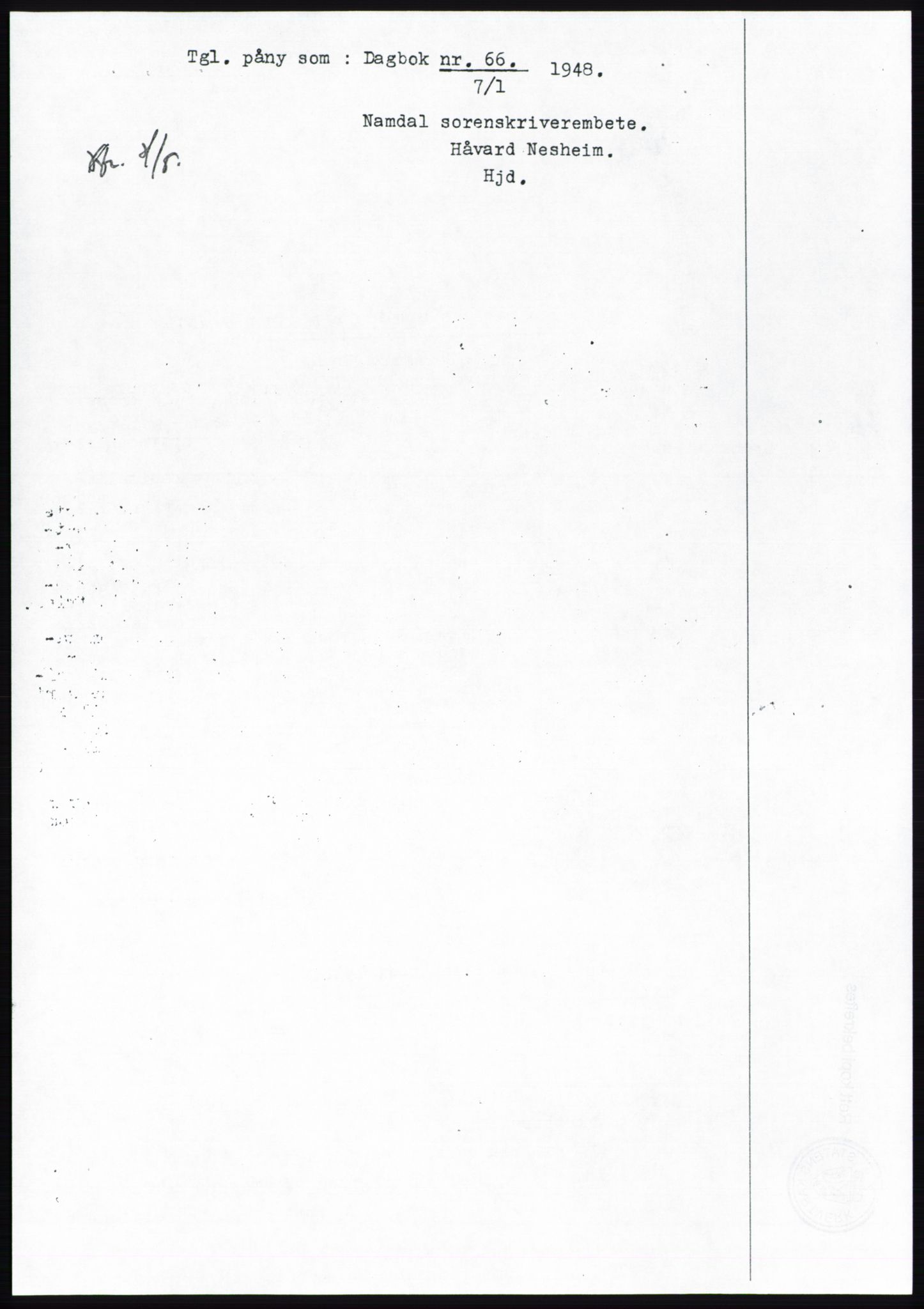 Namdal sorenskriveri, SAT/A-4133/1/2/2C: Pantebok nr. -, 1942-1943, Dagboknr: 66/1943