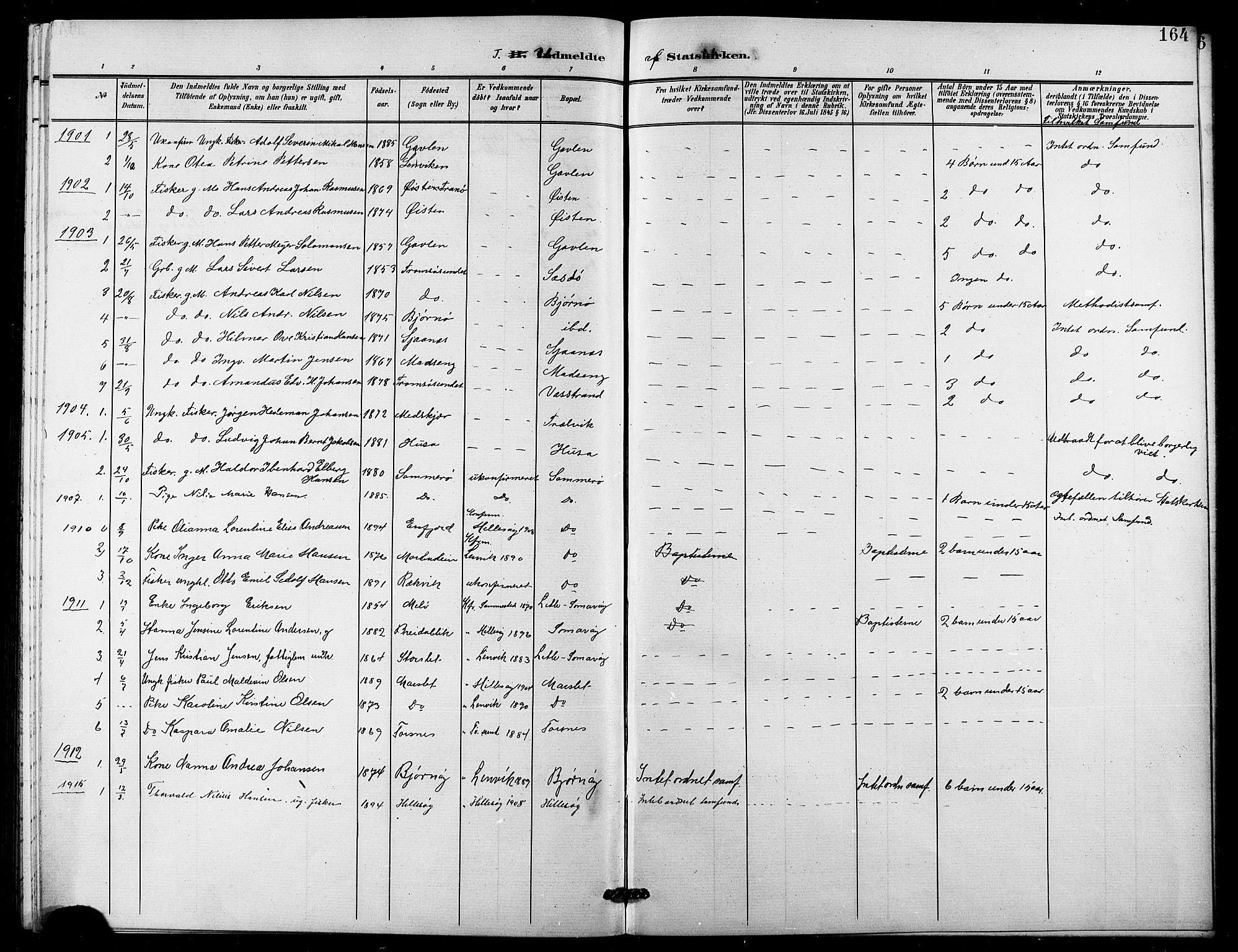 Lenvik sokneprestembete, AV/SATØ-S-1310/H/Ha/Hab/L0022klokker: Klokkerbok nr. 22, 1901-1918, s. 164