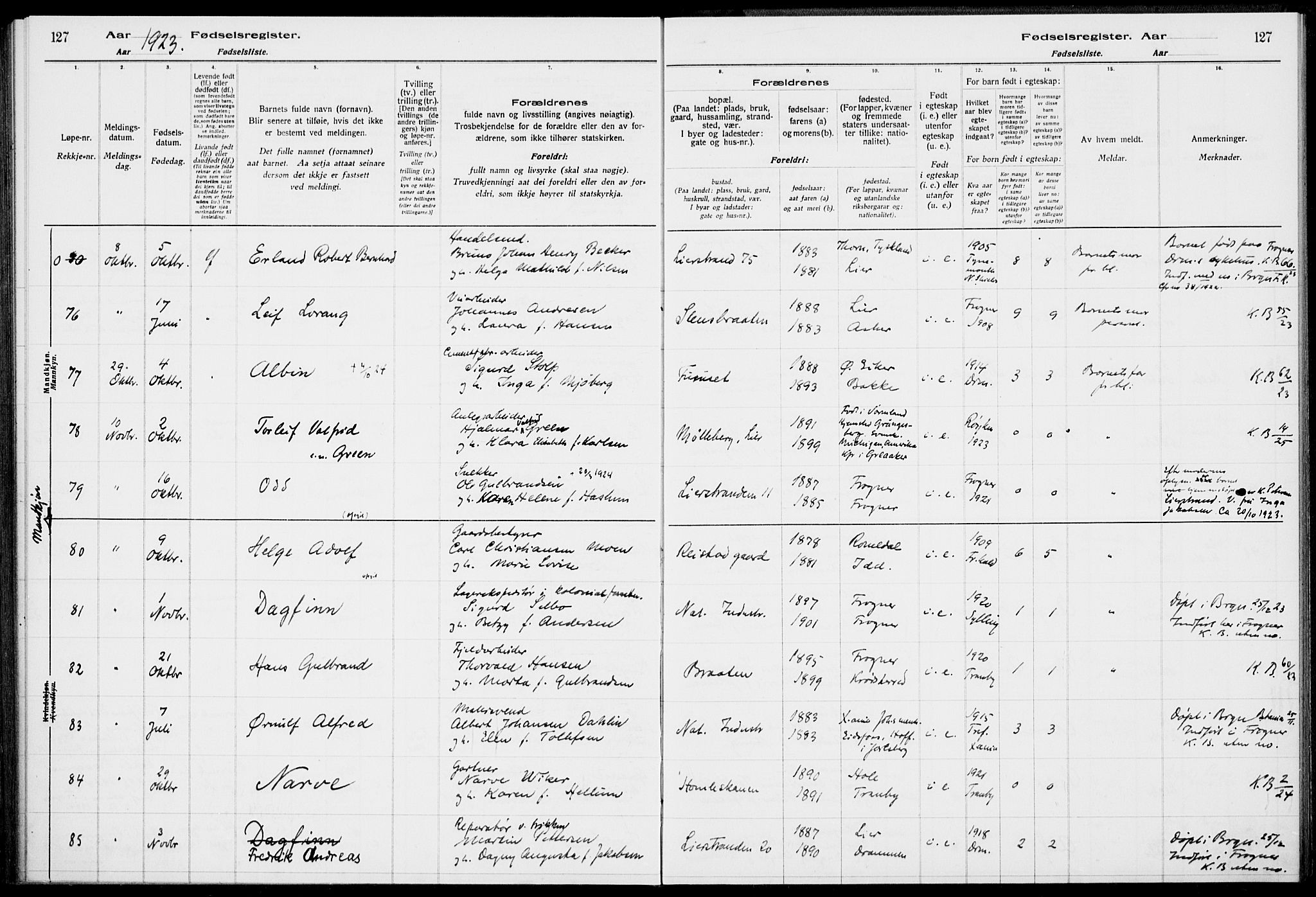 Lier kirkebøker, AV/SAKO-A-230/J/Ja/L0001: Fødselsregister nr. 1, 1916-1928, s. 127