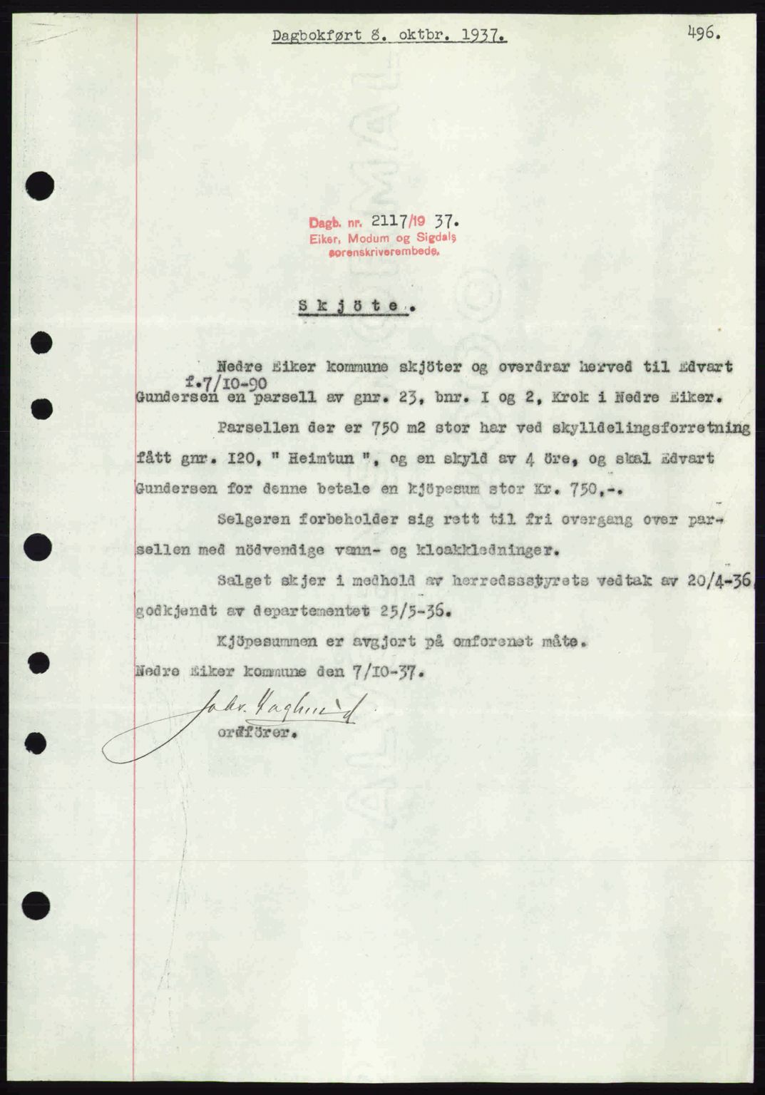 Eiker, Modum og Sigdal sorenskriveri, SAKO/A-123/G/Ga/Gab/L0036: Pantebok nr. A6, 1937-1937, Dagboknr: 2117/1937