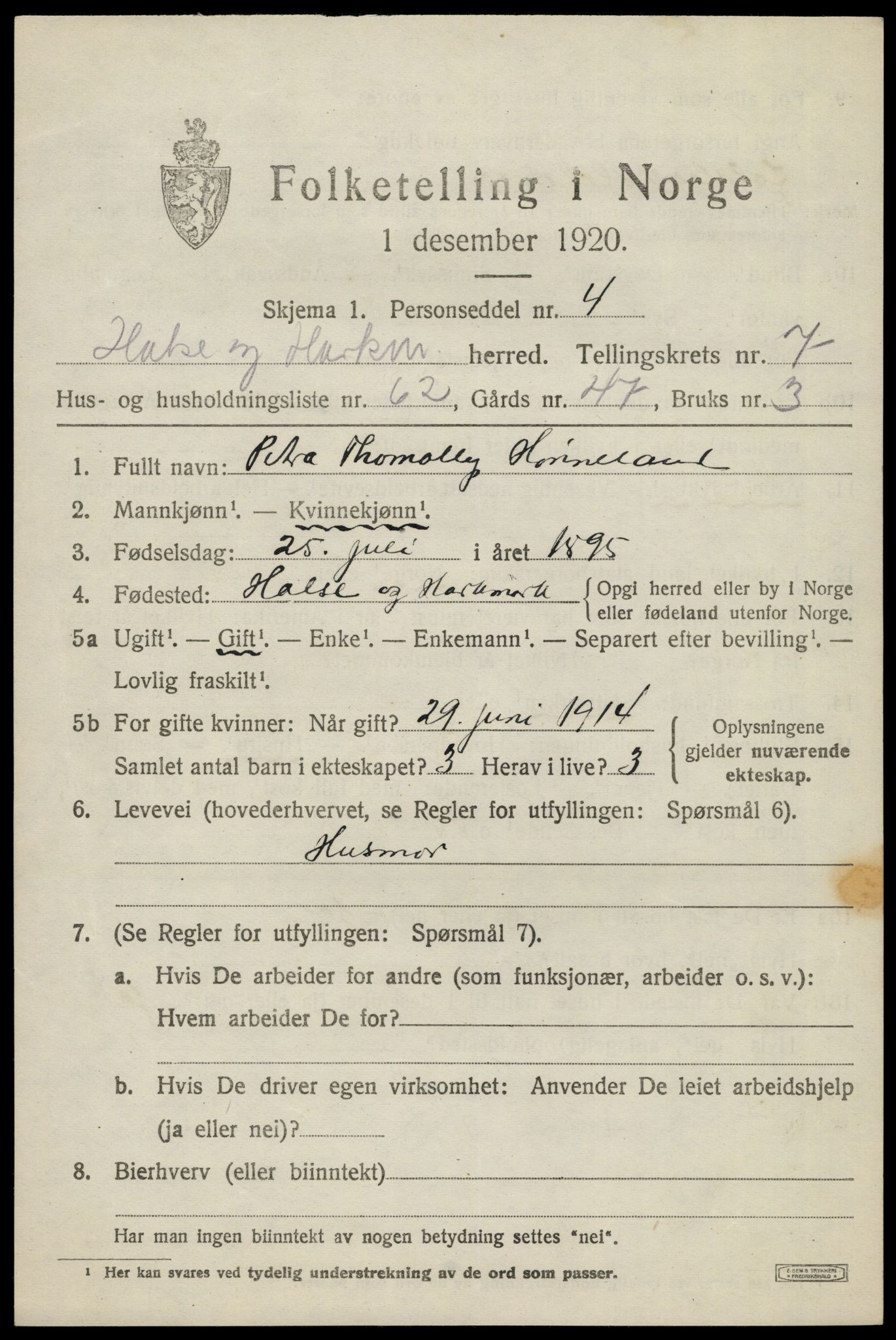 SAK, Folketelling 1920 for 1019 Halse og Harkmark herred, 1920, s. 4353