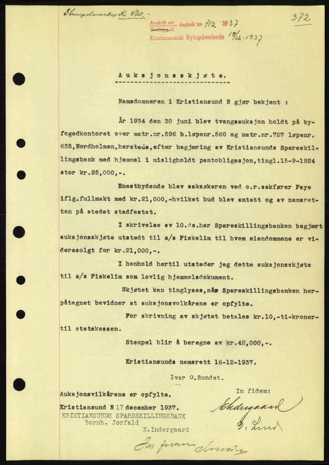Kristiansund byfogd, SAT/A-4587/A/27: Pantebok nr. 30, 1936-1941, Dagboknr: 712/1937