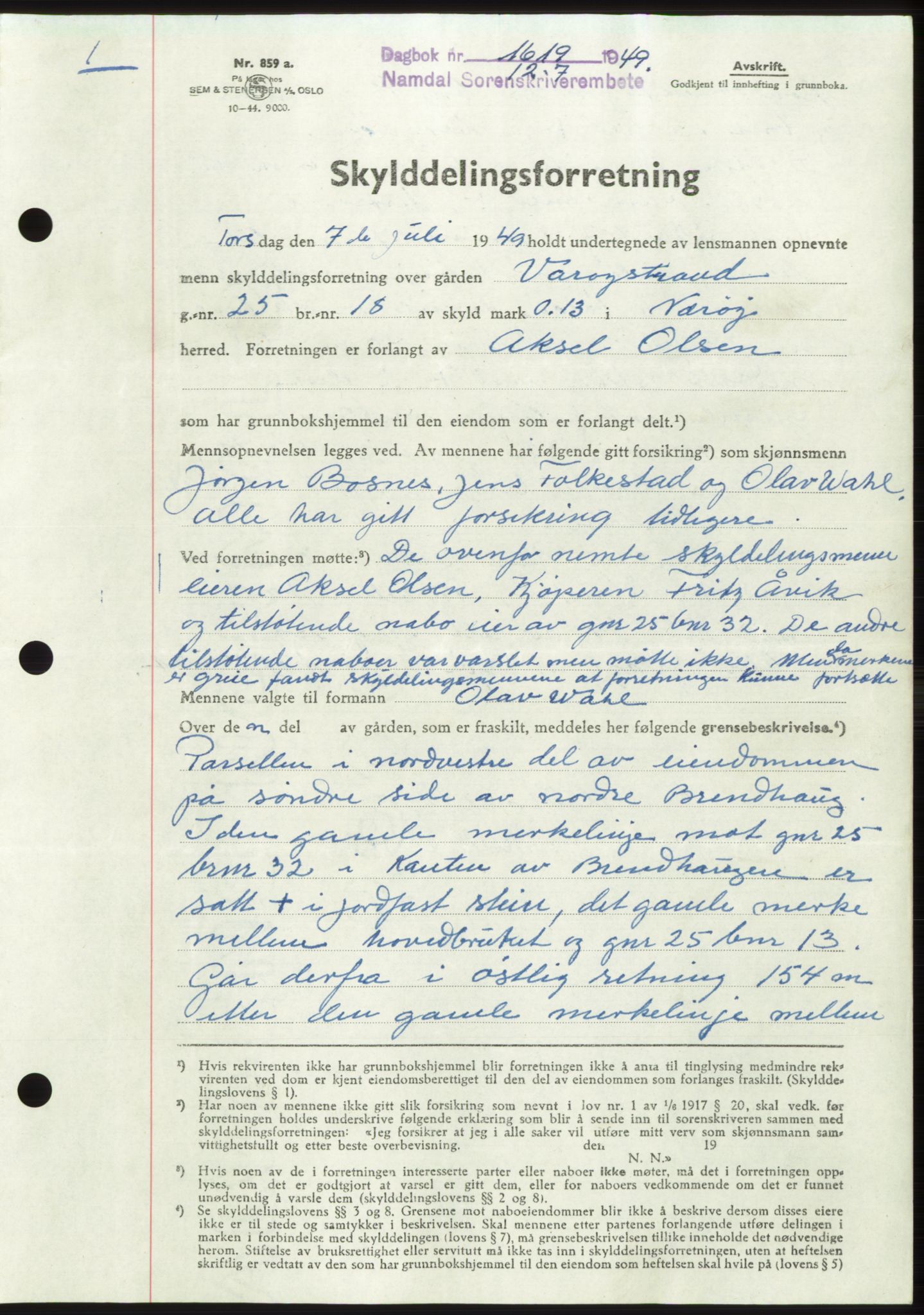 Namdal sorenskriveri, SAT/A-4133/1/2/2C: Pantebok nr. -, 1949-1949, Dagboknr: 1619/1949