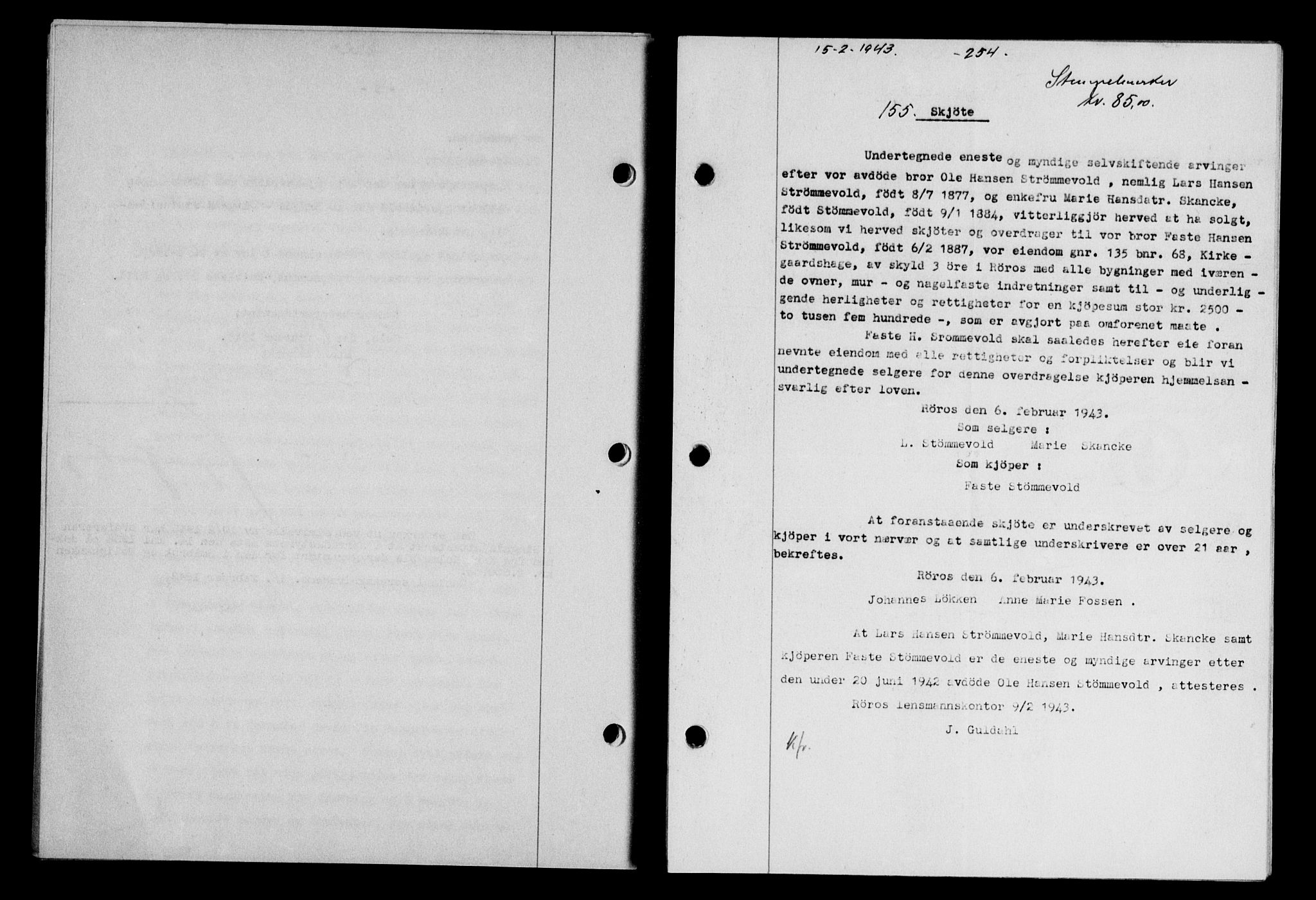 Gauldal sorenskriveri, SAT/A-0014/1/2/2C/L0056: Pantebok nr. 61, 1942-1943, Dagboknr: 155/1943