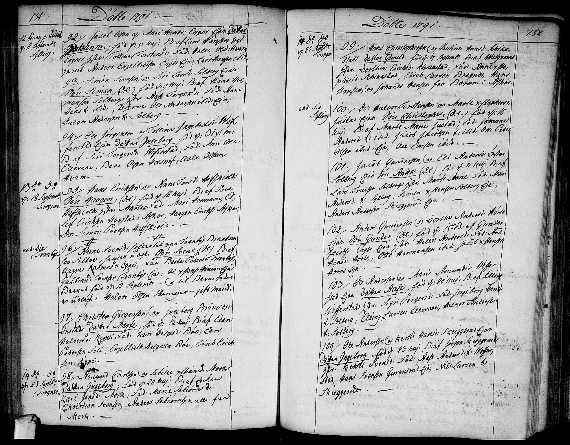 Lier kirkebøker, AV/SAKO-A-230/F/Fa/L0006: Ministerialbok nr. I 6, 1777-1794, s. 151-152