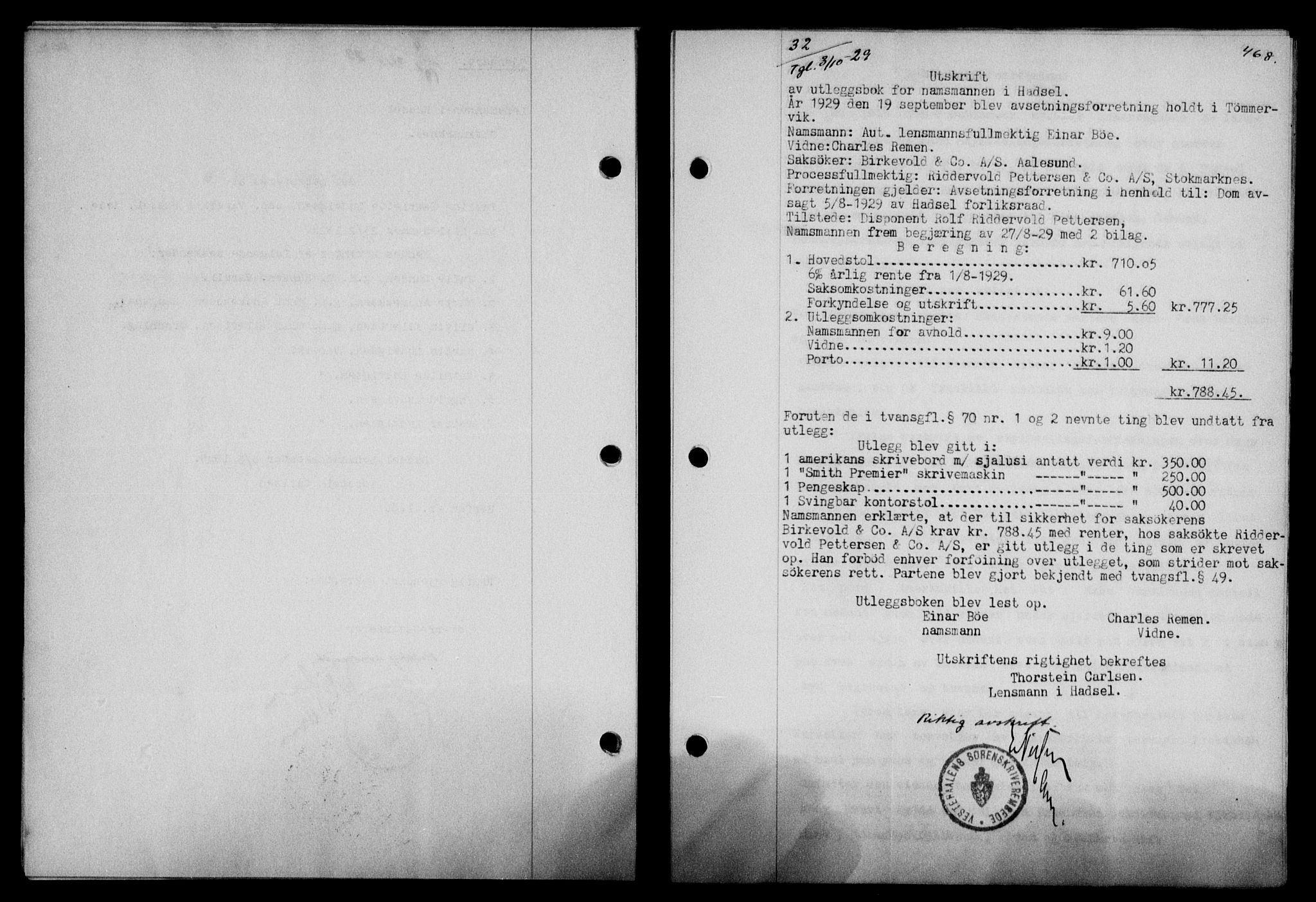Vesterålen sorenskriveri, SAT/A-4180/1/2/2Ca/L0049: Pantebok nr. 42, 1929-1929, Tingl.dato: 03.10.1929