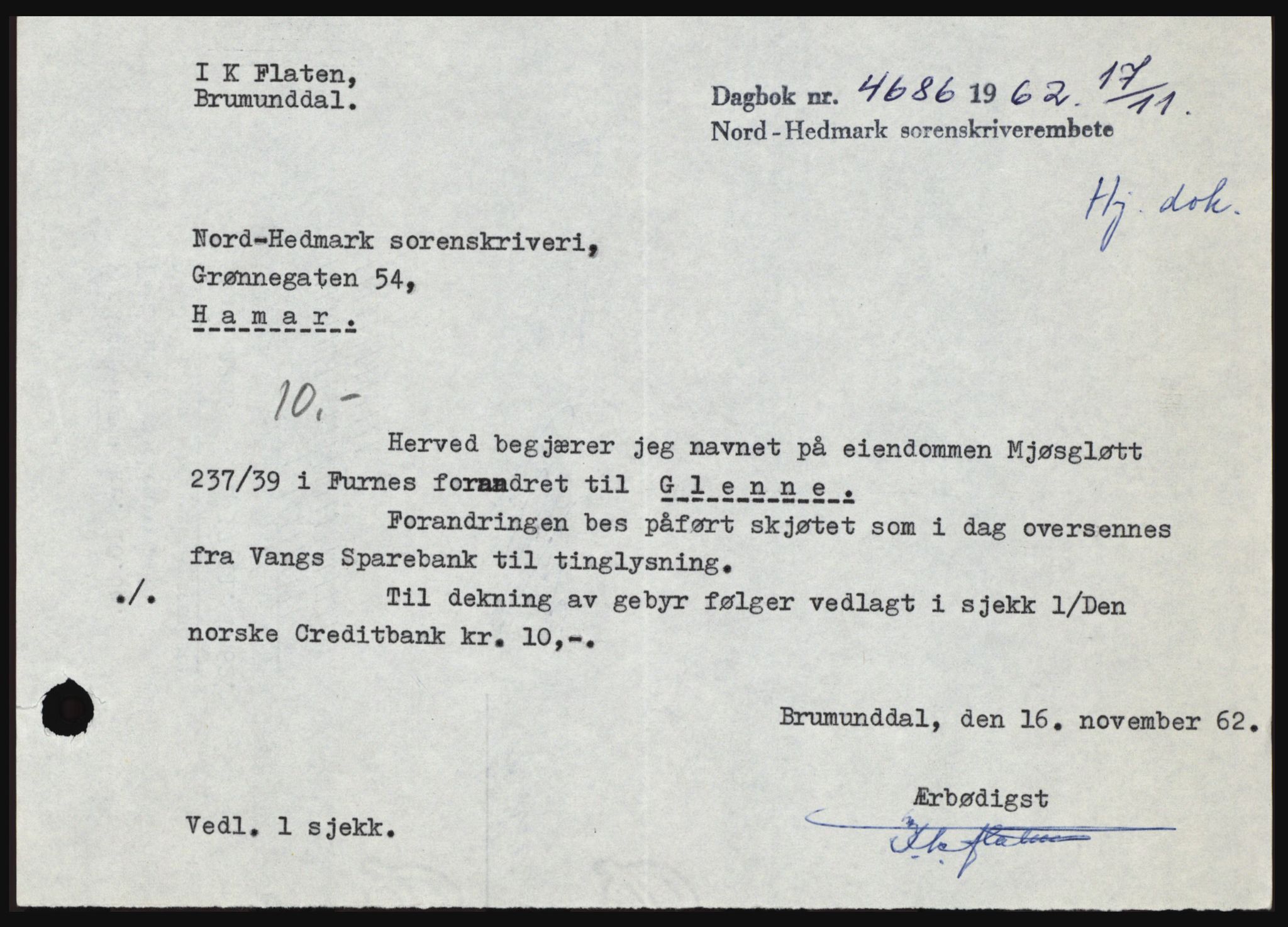 Nord-Hedmark sorenskriveri, SAH/TING-012/H/Hc/L0017: Pantebok nr. 17, 1962-1963, Dagboknr: 4686/1962