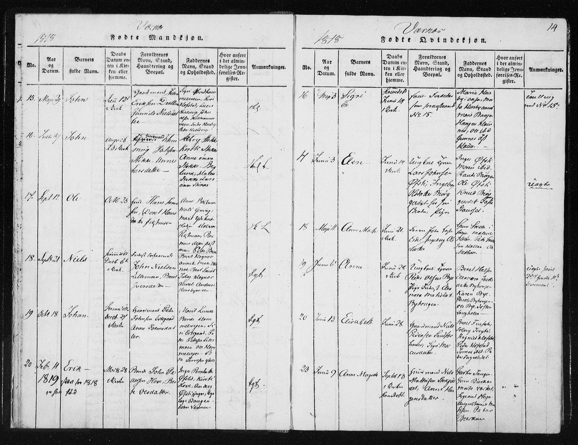 Ministerialprotokoller, klokkerbøker og fødselsregistre - Nord-Trøndelag, SAT/A-1458/709/L0061: Ministerialbok nr. 709A08 /1, 1815-1819, s. 14