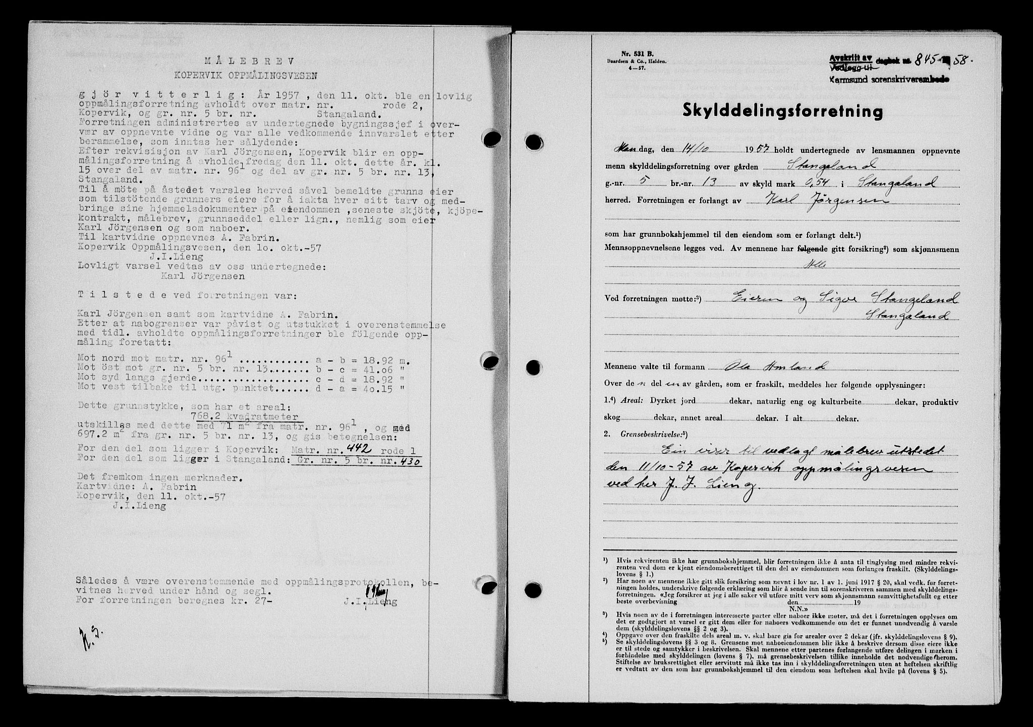 Karmsund sorenskriveri, SAST/A-100311/01/II/IIB/L0128: Pantebok nr. 108A, 1958-1958, Dagboknr: 845/1958