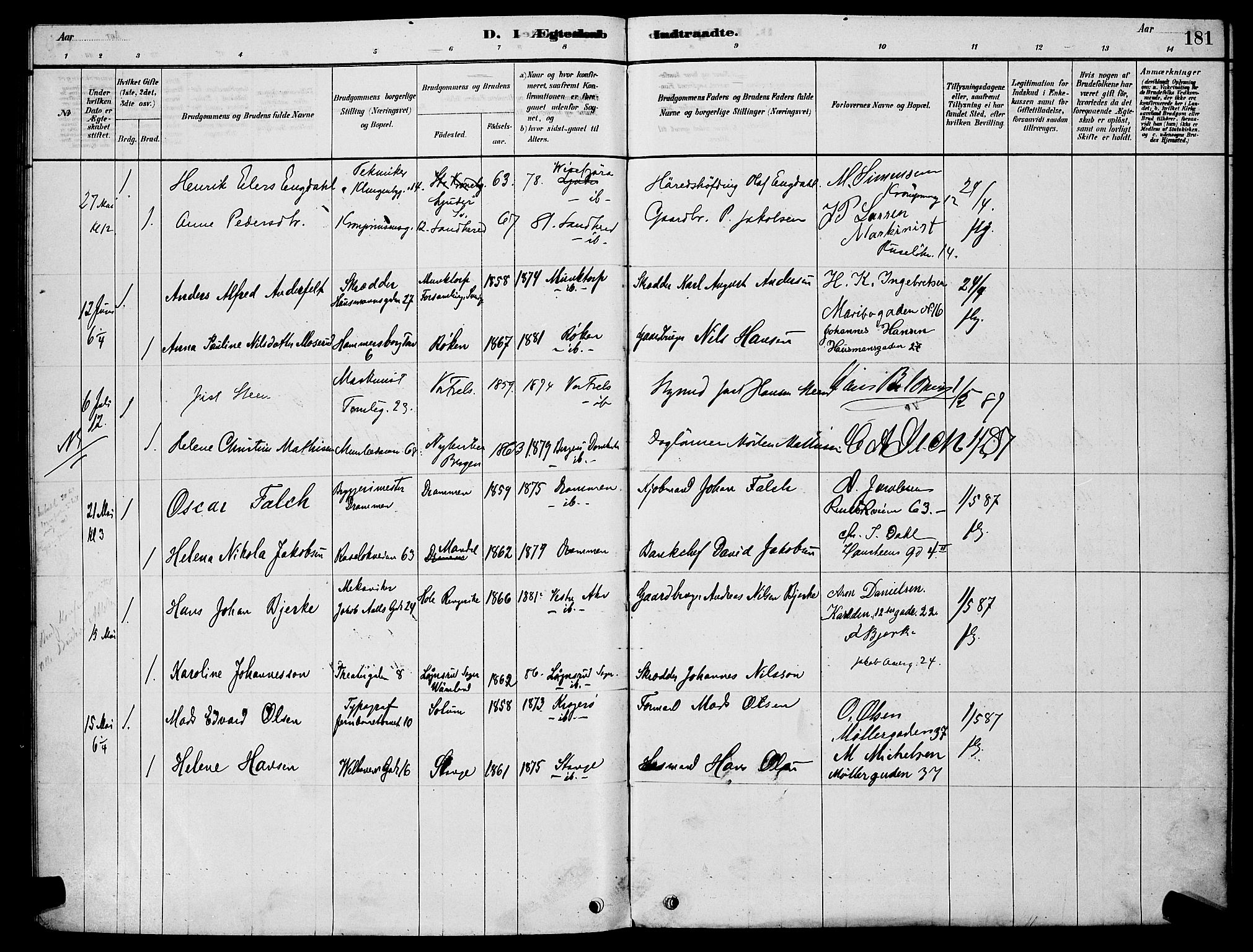 Trefoldighet prestekontor Kirkebøker, AV/SAO-A-10882/H/Ha/L0003: Lysningsprotokoll nr. 3, 1878-1888, s. 181