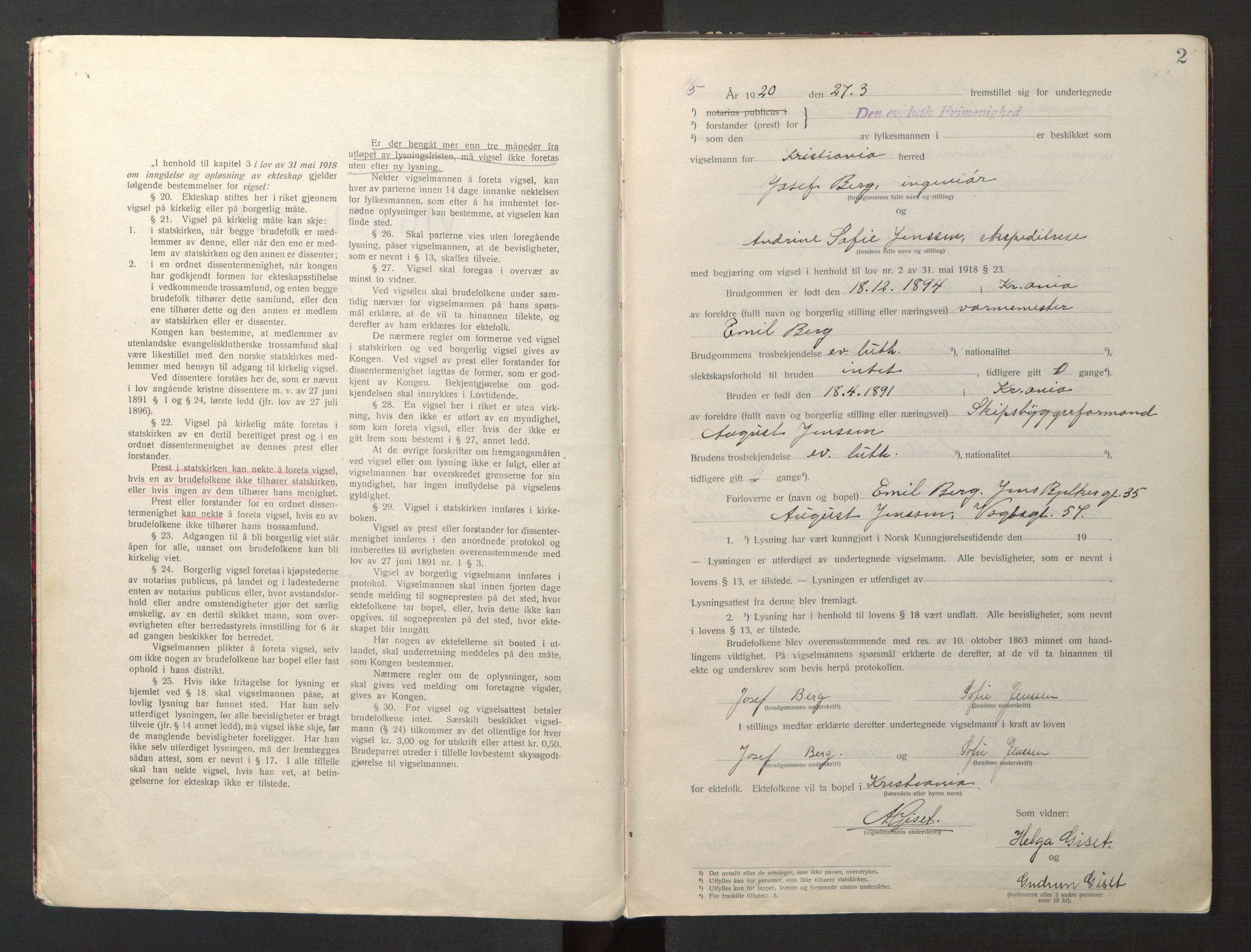 Den evangelisk-lutherske frikirke østre menighet, Oslo, SAO/PAO-0245/F/L0005: Vigselsbok (dissentere) nr. 5, 1920-1941, s. 2