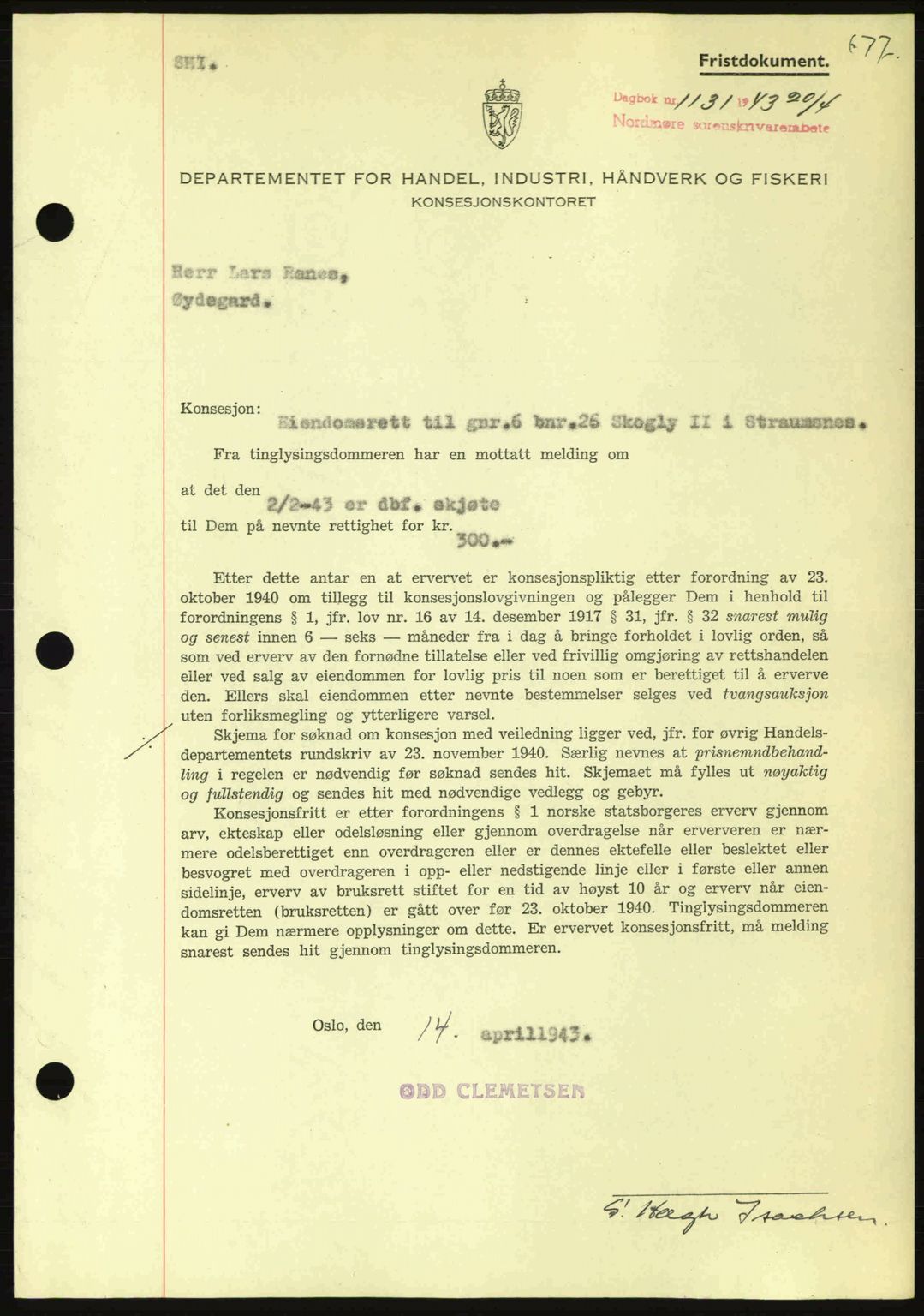 Nordmøre sorenskriveri, SAT/A-4132/1/2/2Ca: Pantebok nr. B90, 1942-1943, Dagboknr: 1131/1943
