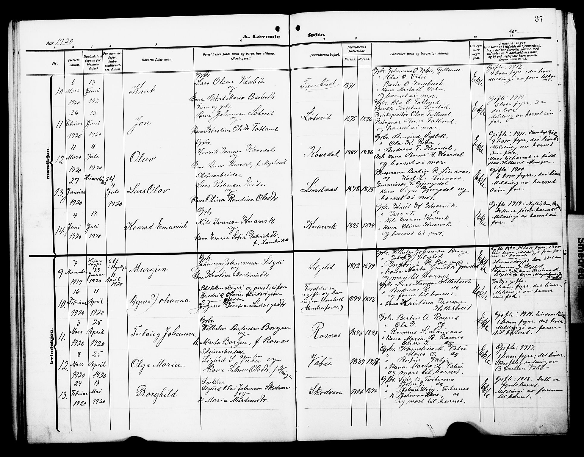 Lindås Sokneprestembete, AV/SAB-A-76701/H/Hab/Habb/L0004: Klokkerbok nr. B 4, 1912-1929, s. 37