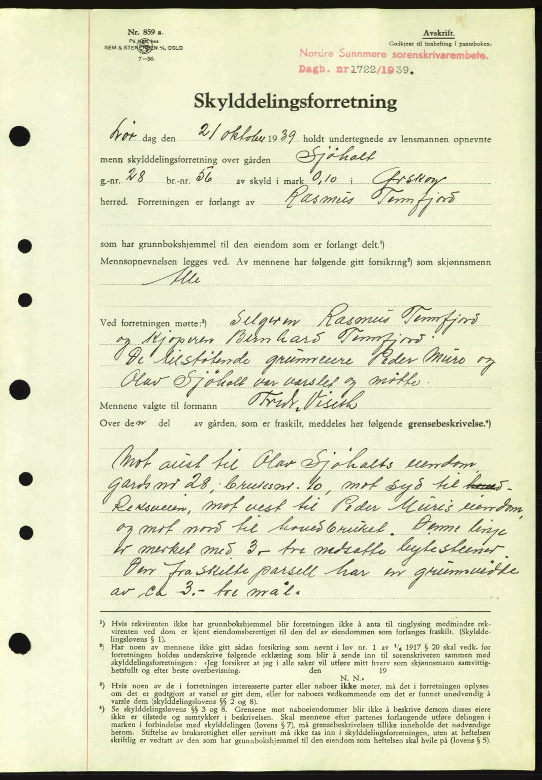 Nordre Sunnmøre sorenskriveri, SAT/A-0006/1/2/2C/2Ca: Pantebok nr. A7, 1939-1939, Dagboknr: 1722/1939