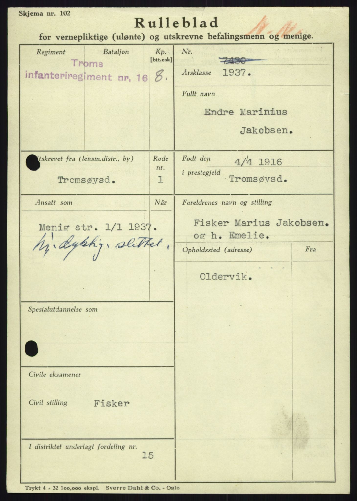 Forsvaret, Troms infanteriregiment nr. 16, AV/RA-RAFA-3146/P/Pa/L0021: Rulleblad for regimentets menige mannskaper, årsklasse 1937, 1937, s. 431