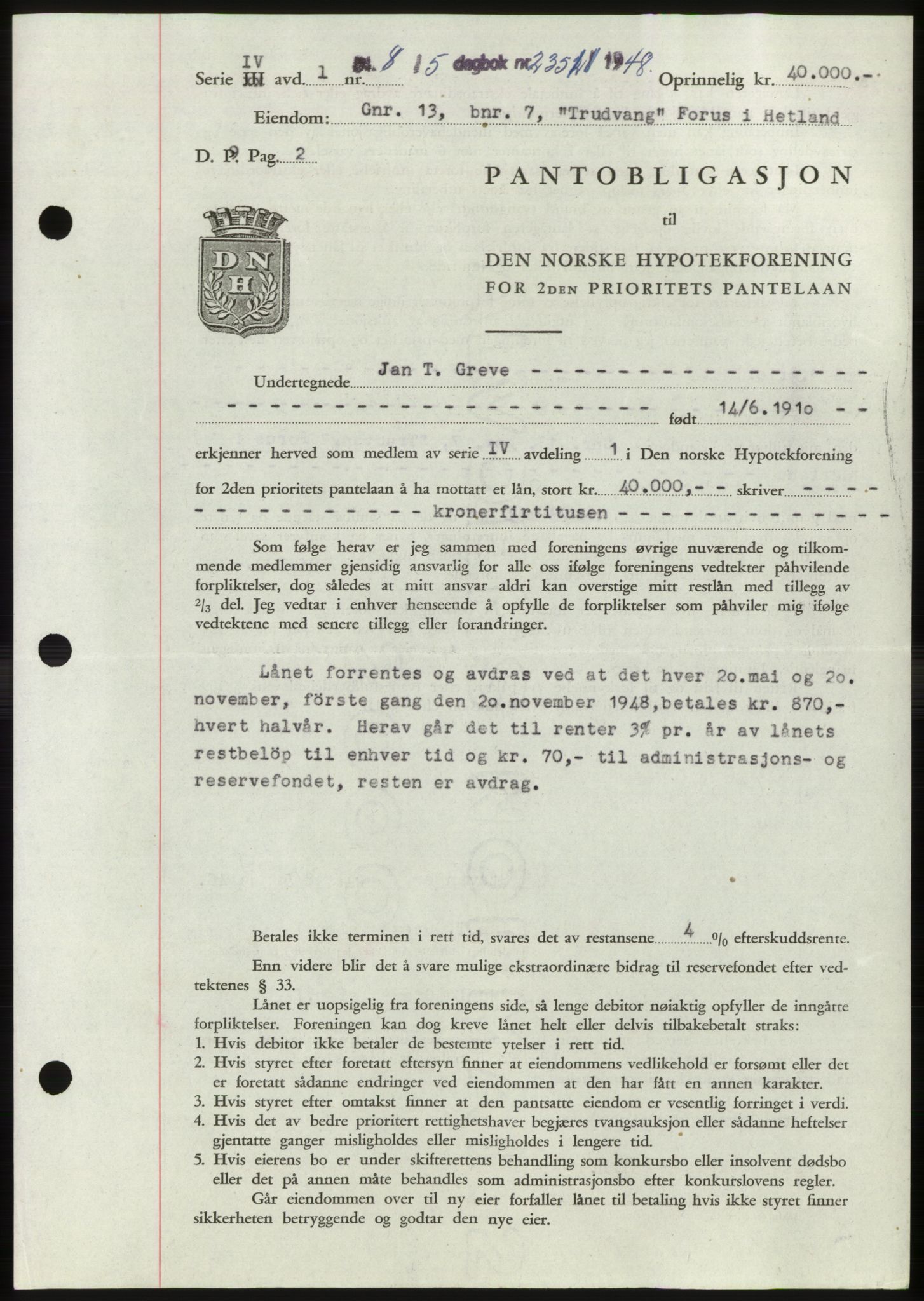 Jæren sorenskriveri, SAST/A-100310/03/G/Gba/L0099: Pantebok, 1948-1948, Dagboknr: 2351/1948