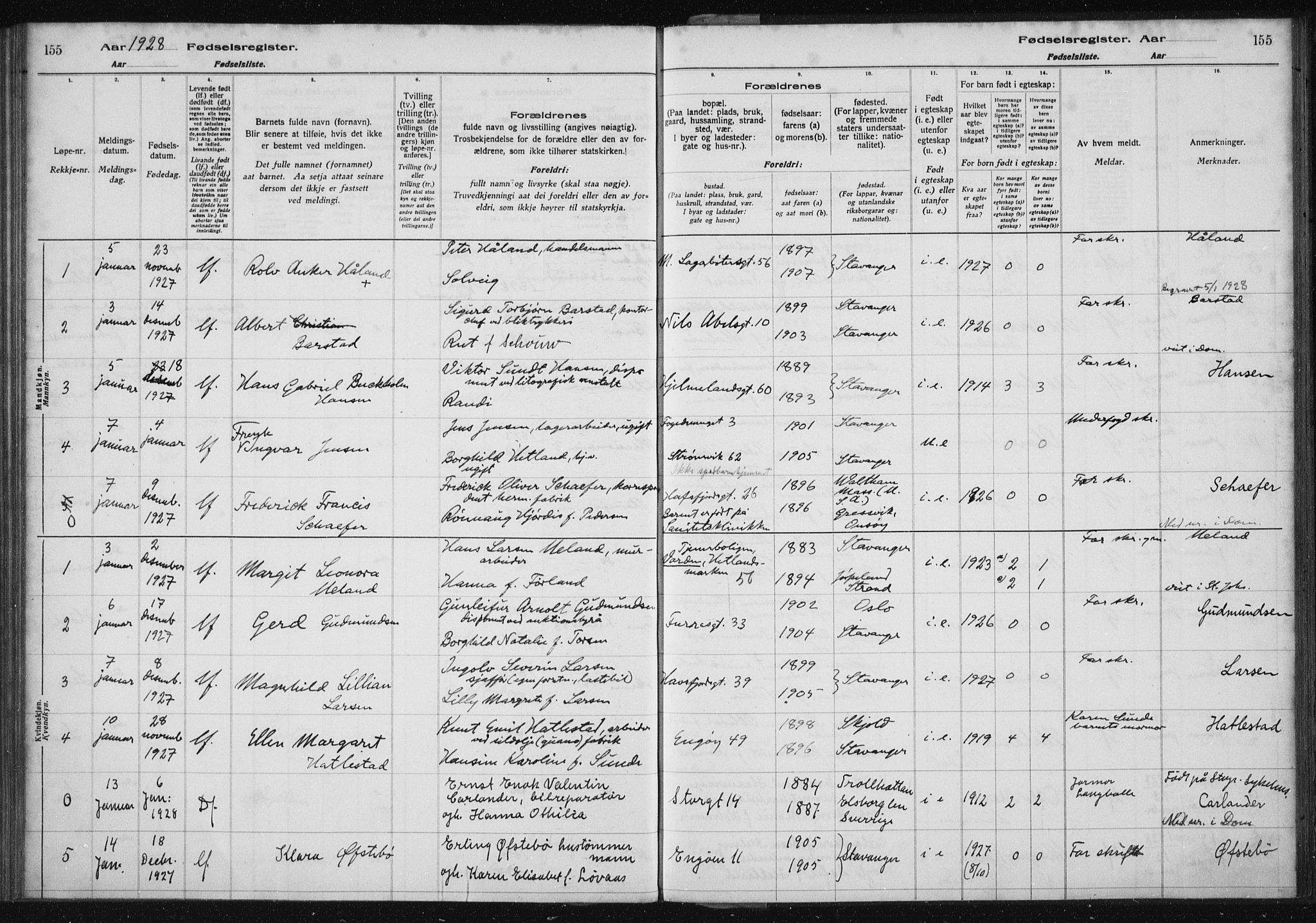 St. Petri sokneprestkontor, AV/SAST-A-101813/002/A/L0002: Fødselsregister nr. 2, 1922-1929, s. 155