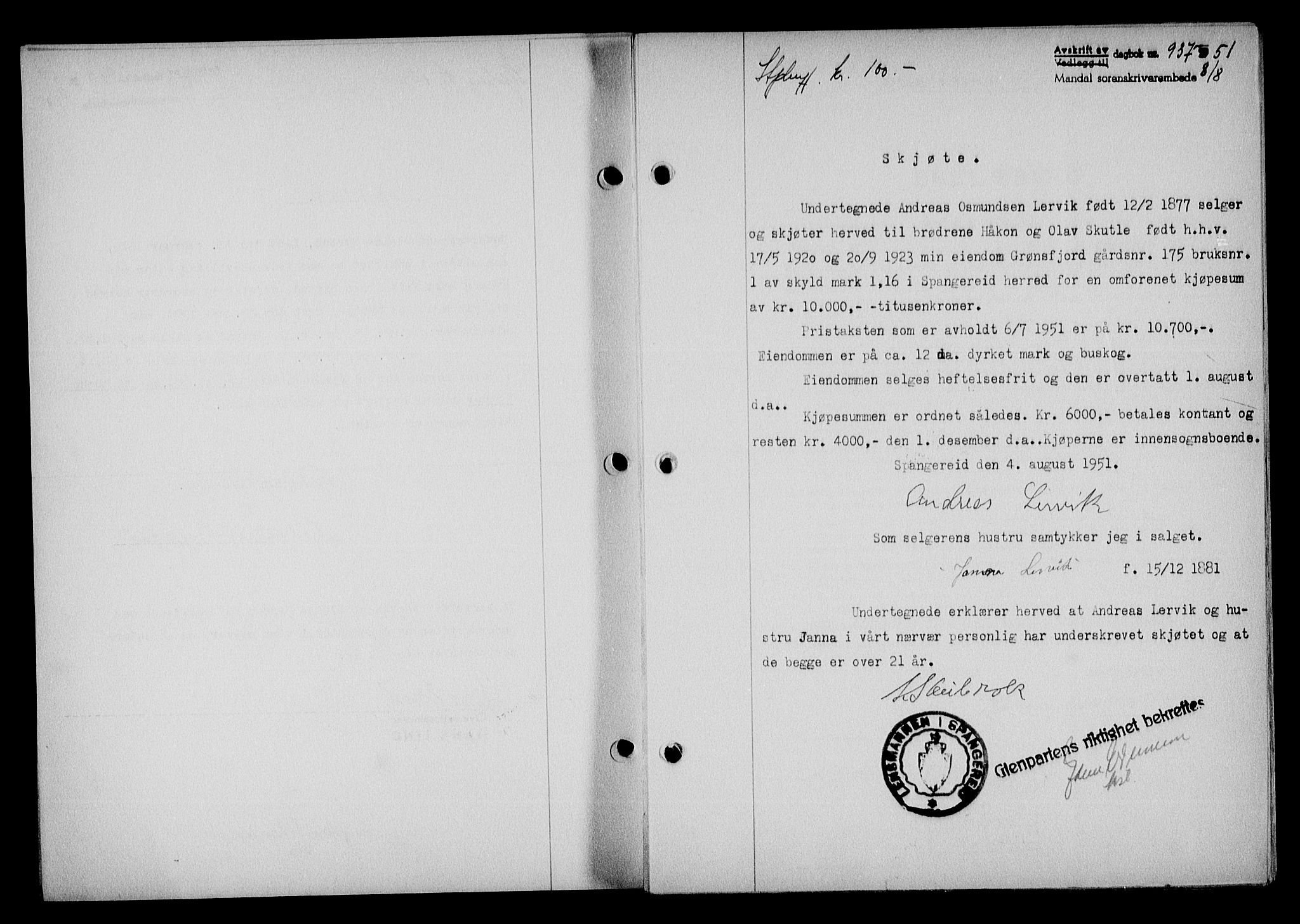 Mandal sorenskriveri, SAK/1221-0005/001/G/Gb/Gba/L0084: Pantebok nr. A-21, 1951-1951, Dagboknr: 937/1951