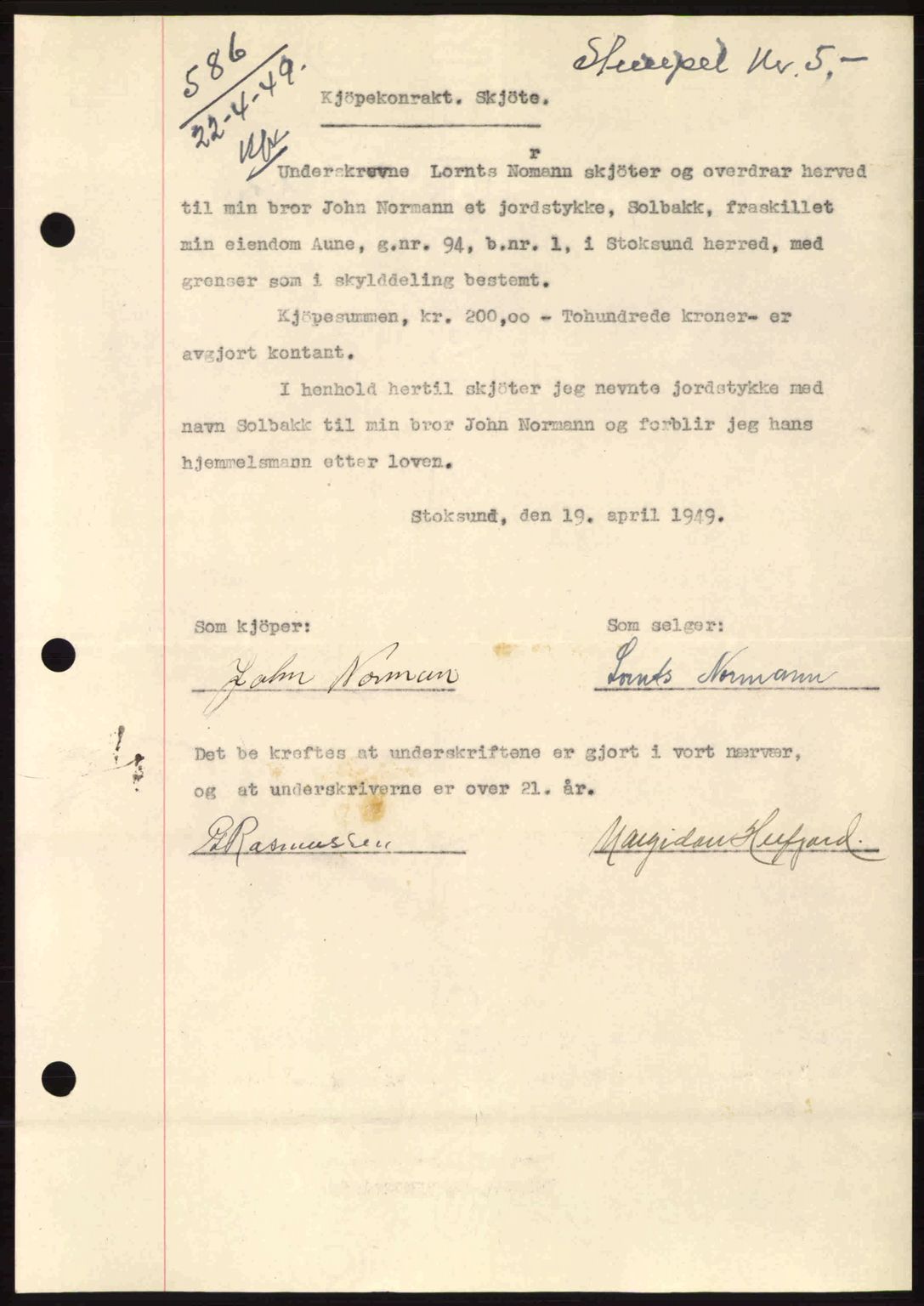 Fosen sorenskriveri, AV/SAT-A-1107/1/2/2C: Pantebok nr. A9, 1948-1949, Dagboknr: 586/1949