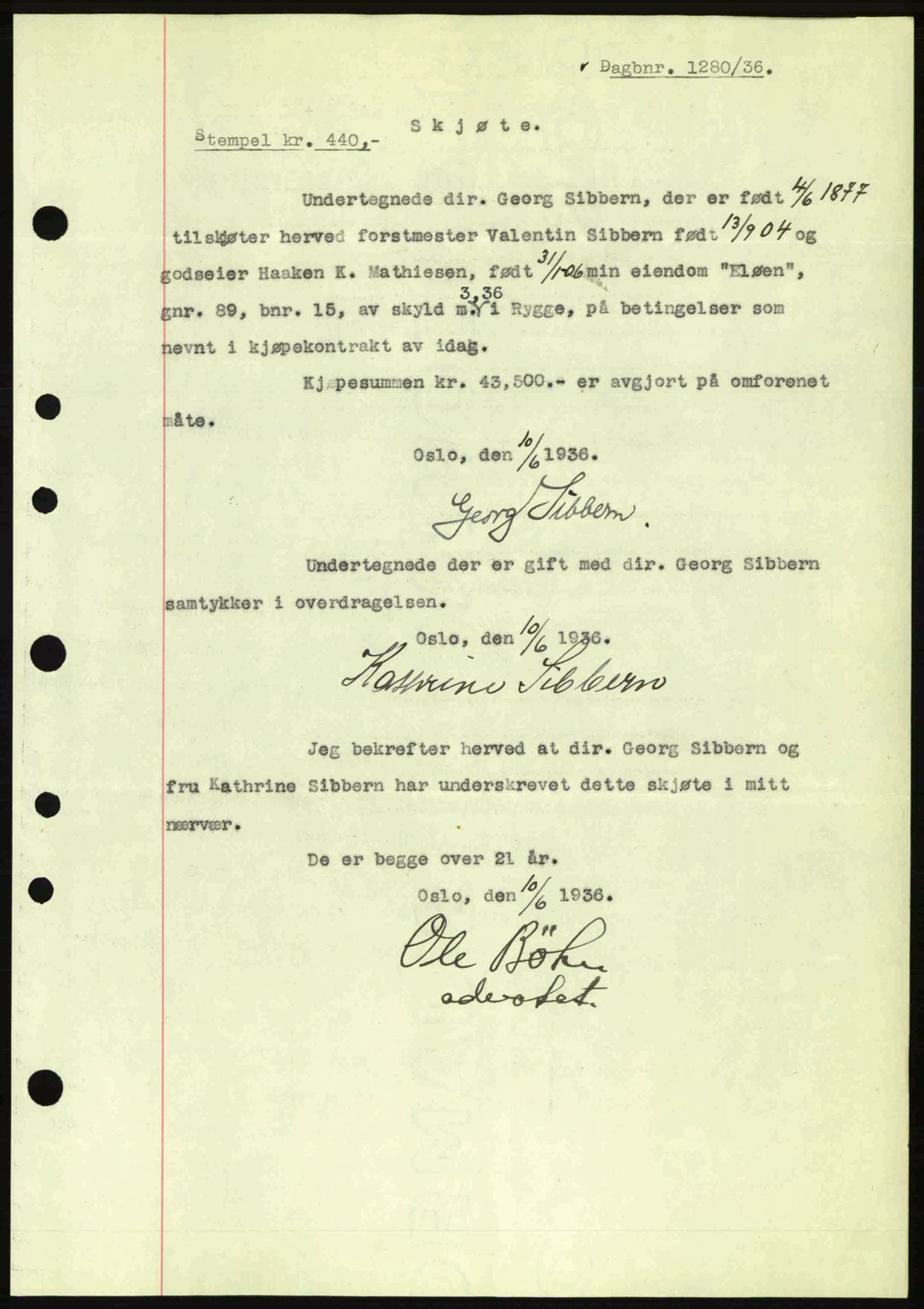 Moss sorenskriveri, SAO/A-10168: Pantebok nr. A1, 1936-1936, Dagboknr: 1280/1936