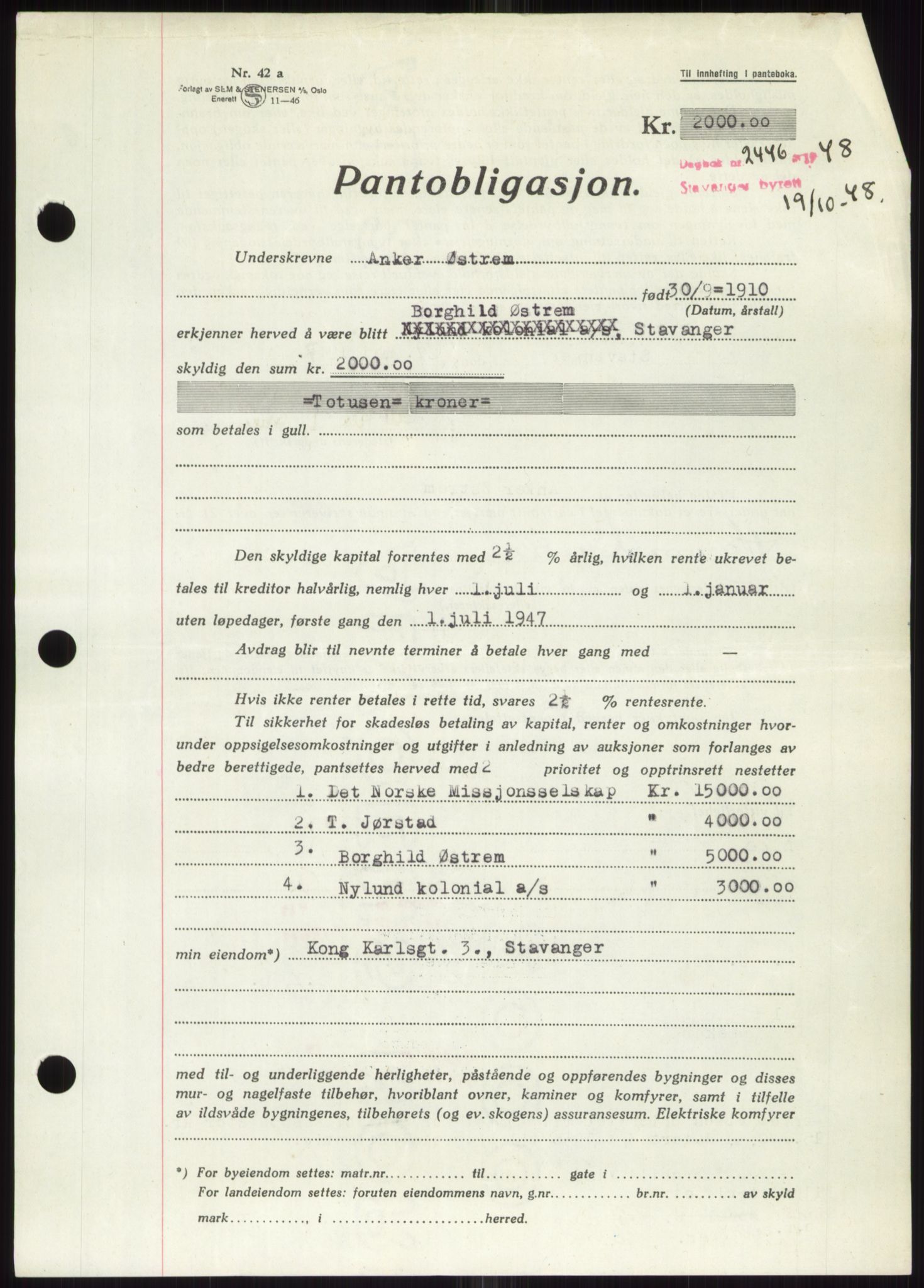 Stavanger byrett, SAST/A-100455/002/G/Gb/L0032: Pantebok, 1947-1950, Dagboknr: 2446/1948