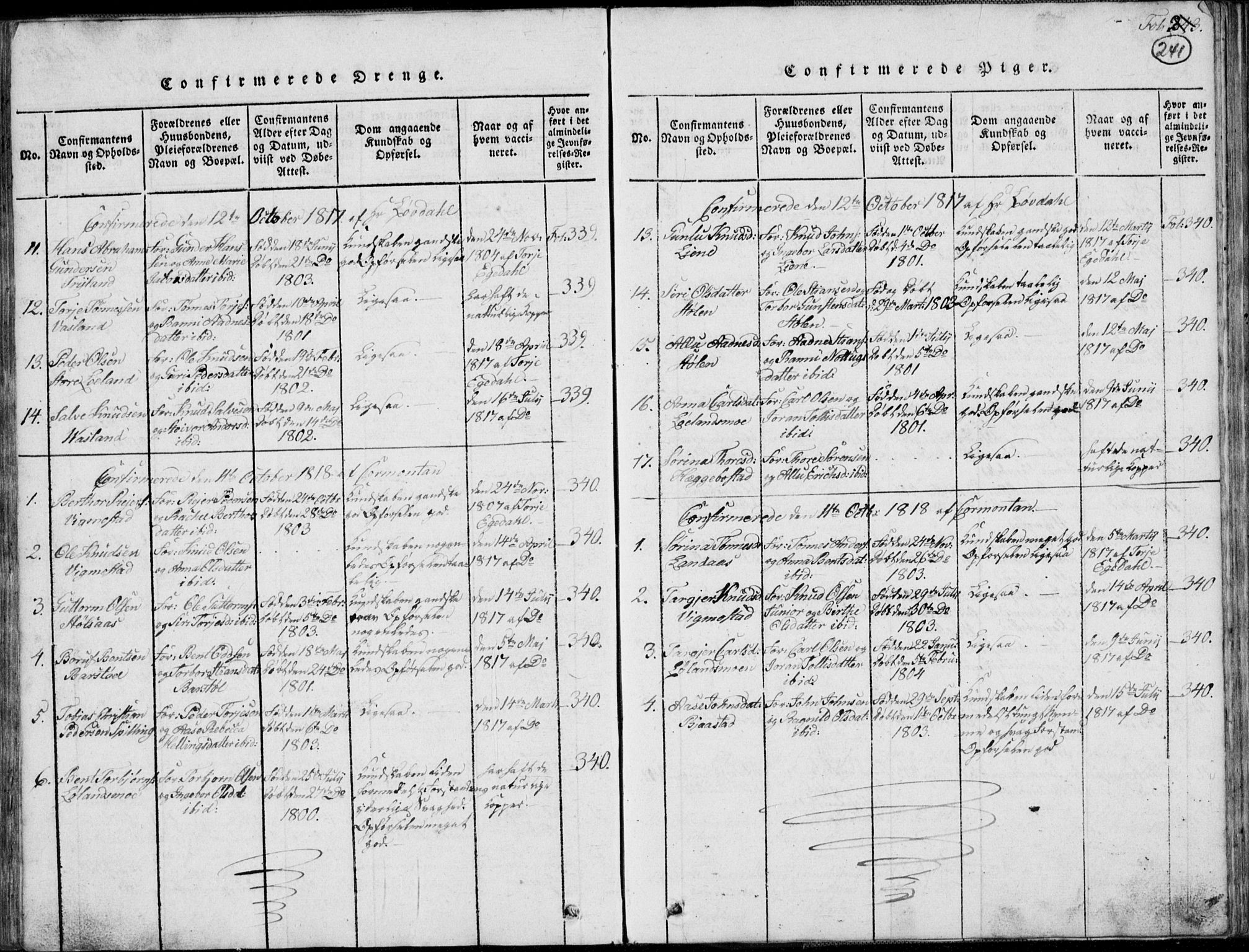 Nord-Audnedal sokneprestkontor, AV/SAK-1111-0032/F/Fb/Fbb/L0001: Klokkerbok nr. B 1, 1816-1858, s. 241