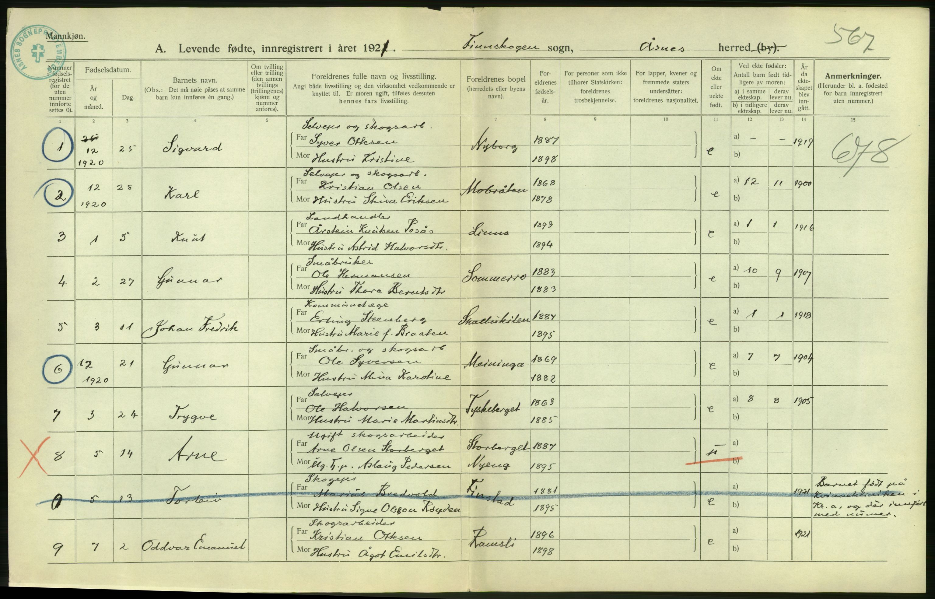 Statistisk sentralbyrå, Sosiodemografiske emner, Befolkning, AV/RA-S-2228/D/Df/Dfc/Dfca/L0014: Hedemark fylke: Levendefødte menn og kvinner. Bygder., 1921, s. 24