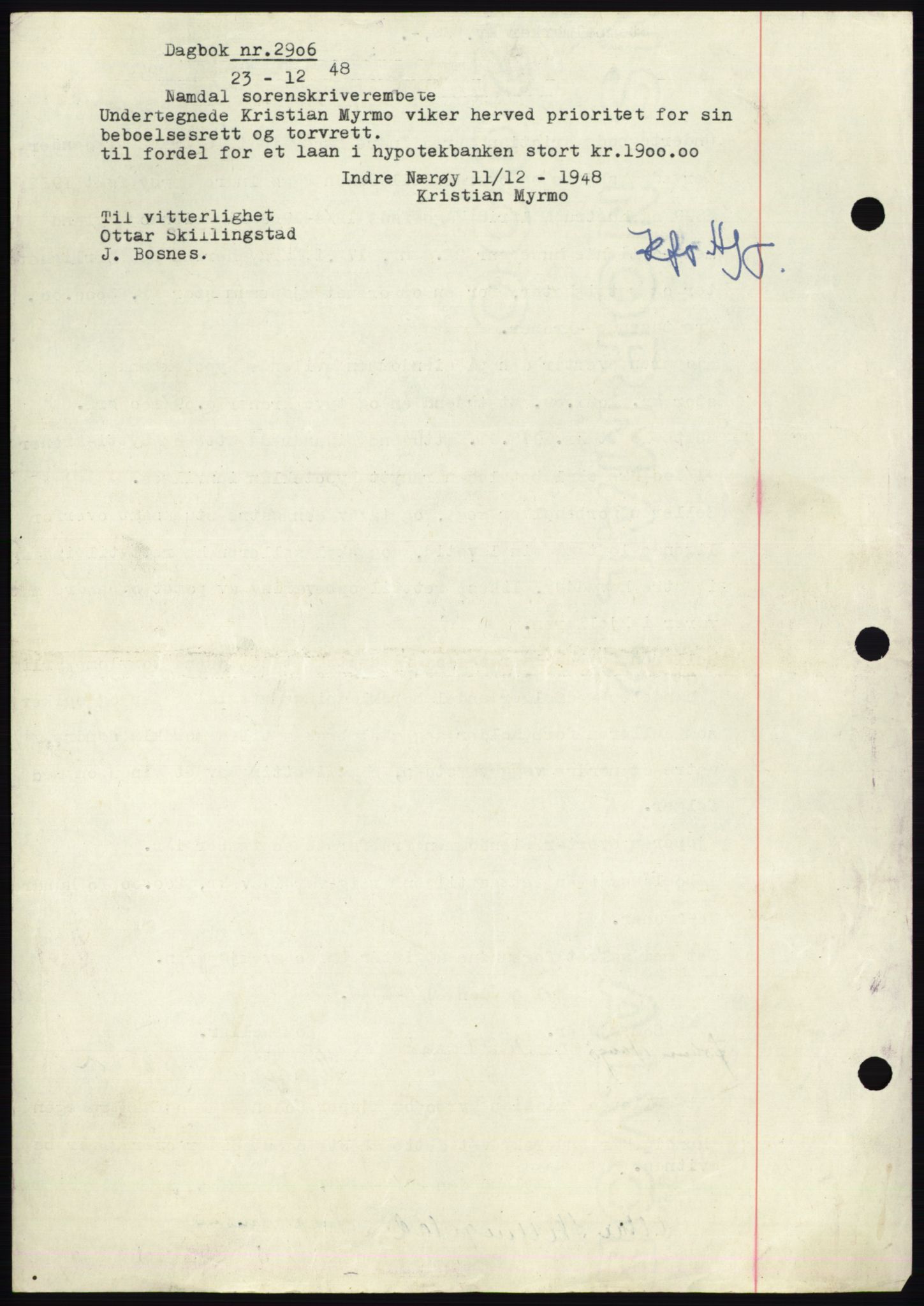 Namdal sorenskriveri, SAT/A-4133/1/2/2C: Pantebok nr. -, 1948-1948, Dagboknr: 2906/1948